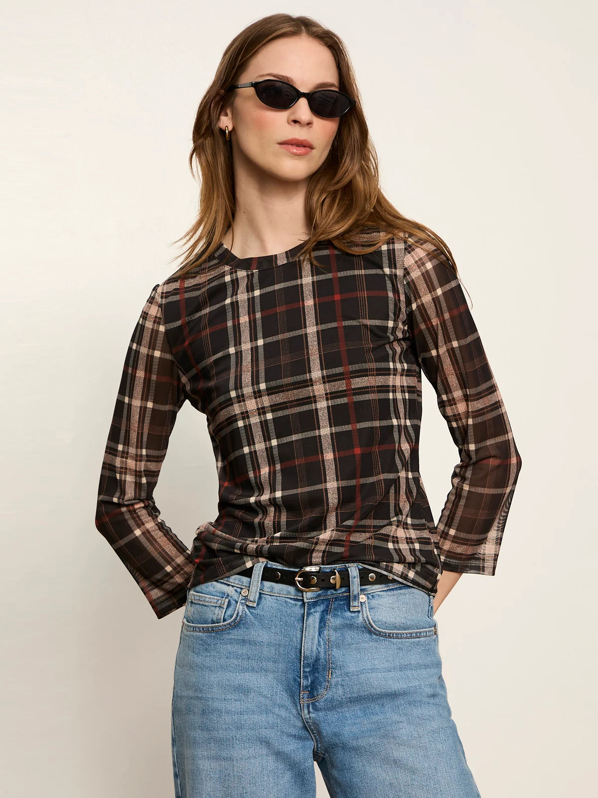 Sanctuary- Mesh 3/4 Sleeve Top in Cinder Plaid