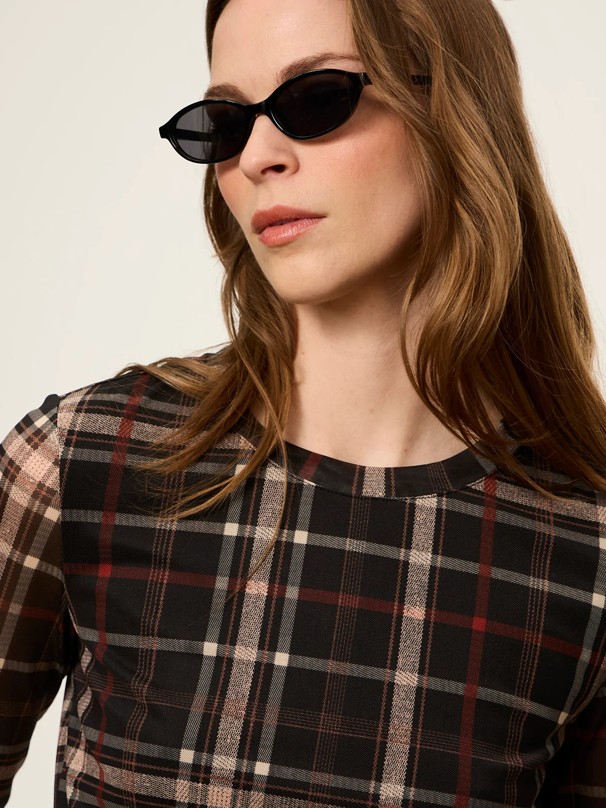 Sanctuary- Mesh 3/4 Sleeve Top in Cinder Plaid