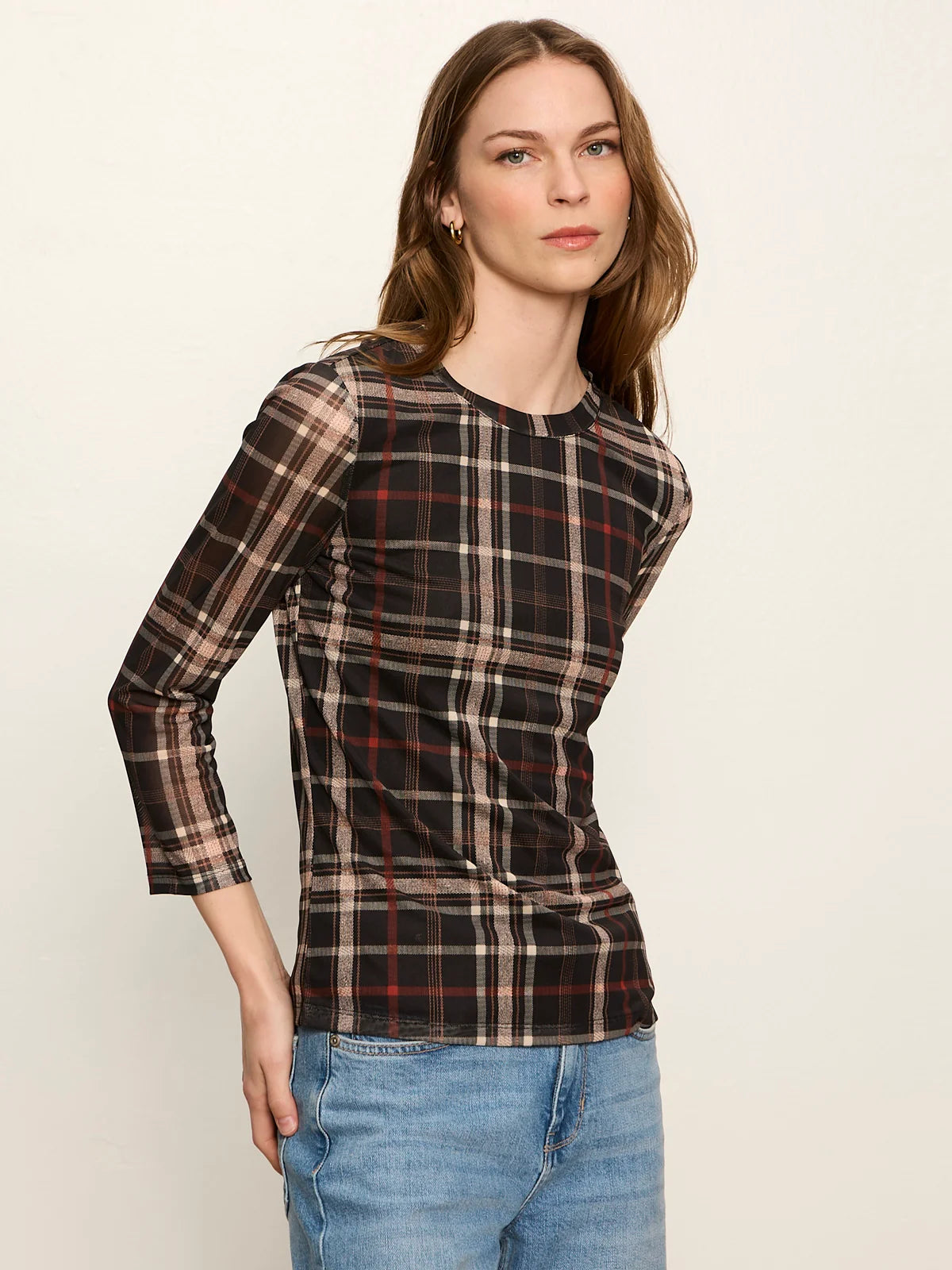 Sanctuary- Mesh 3/4 Sleeve Top in Cinder Plaid
