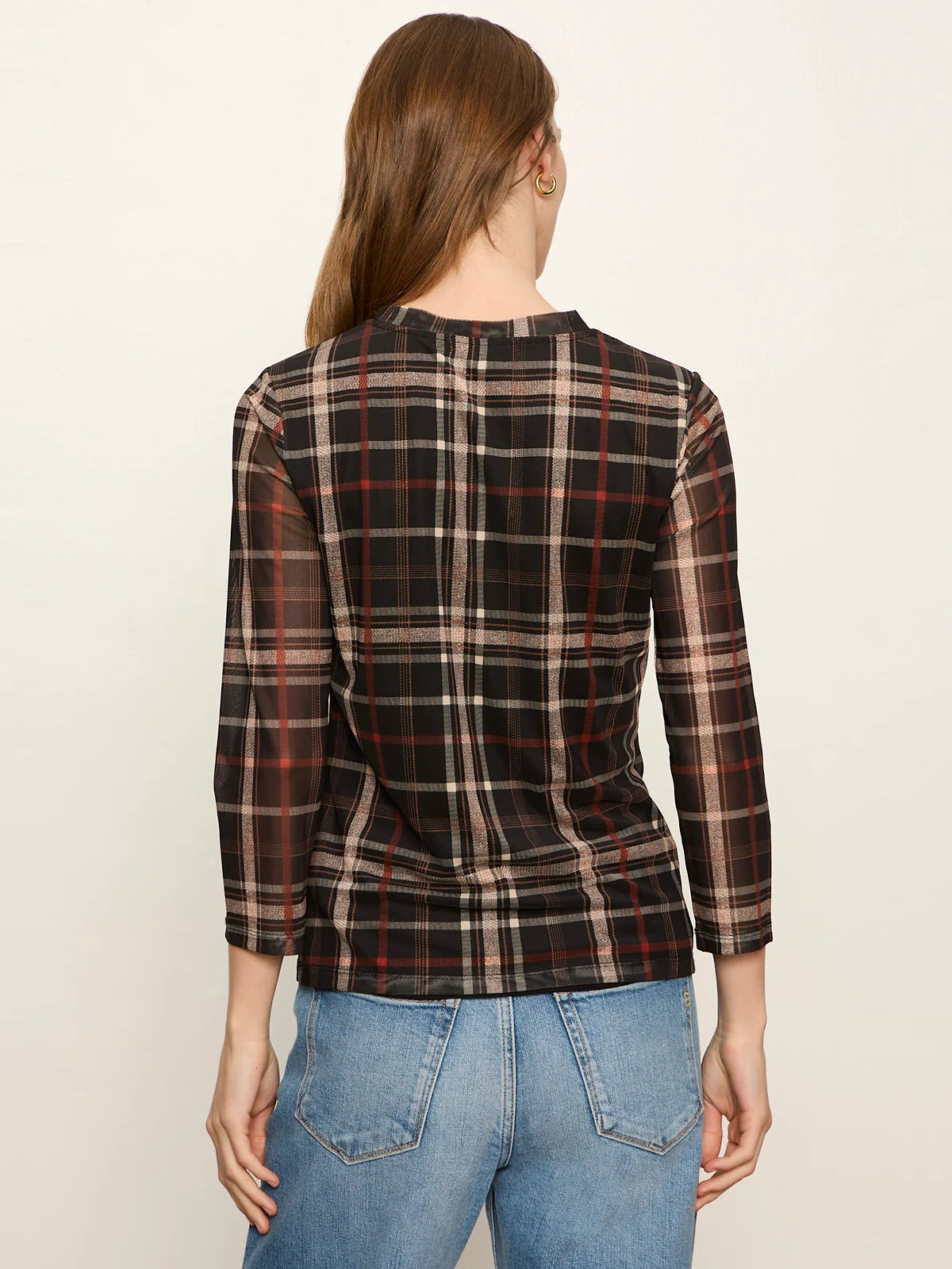 Sanctuary- Mesh 3/4 Sleeve Top in Cinder Plaid