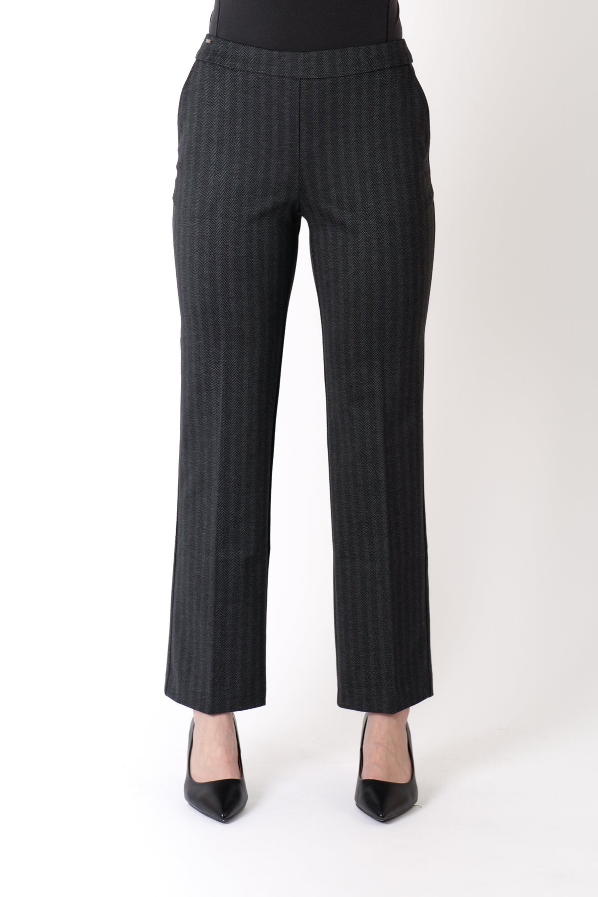 Lisette- Herringbone Ponte Straight Trouser in Charcoal Black