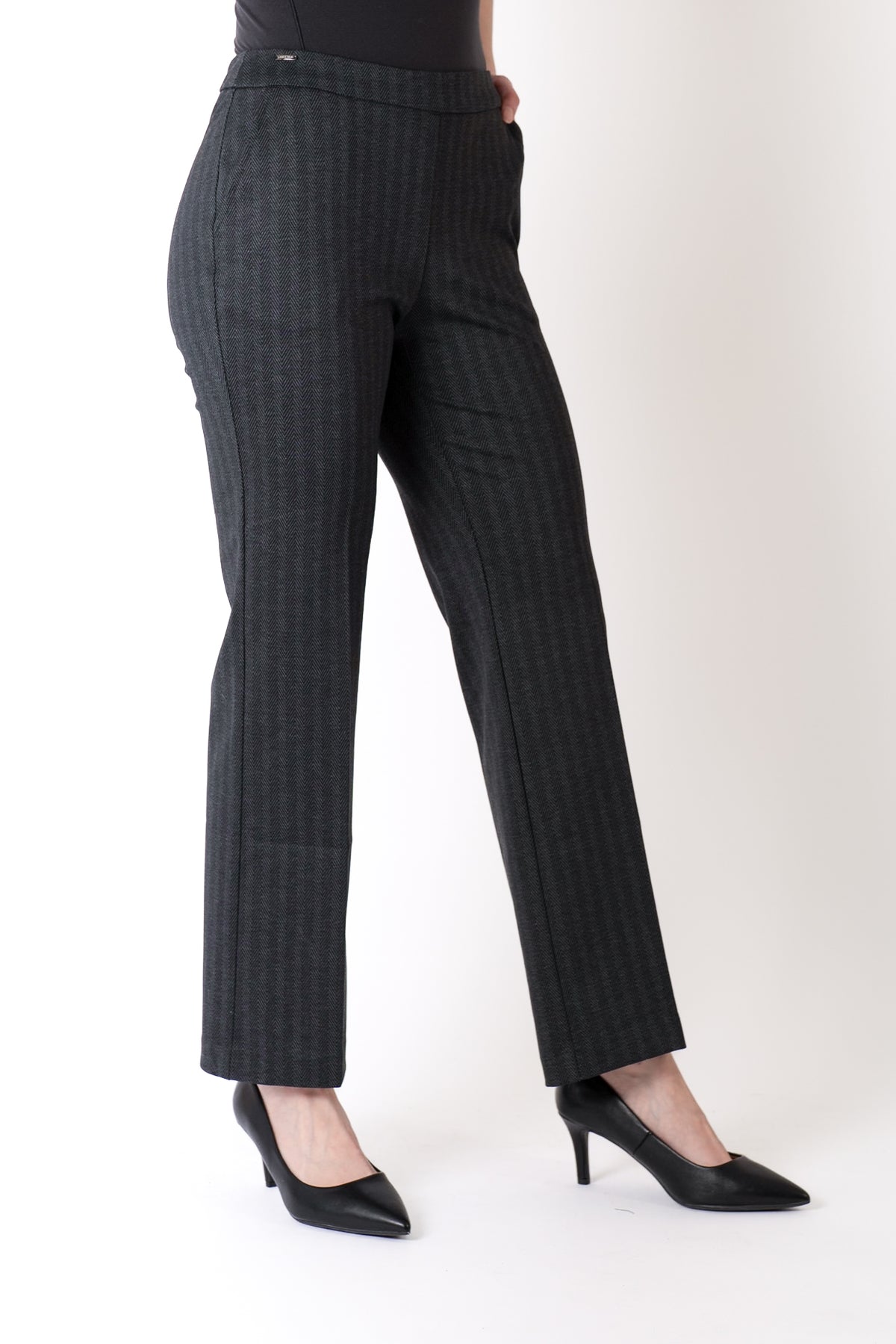 Lisette- Herringbone Ponte Straight Trouser in Charcoal Black