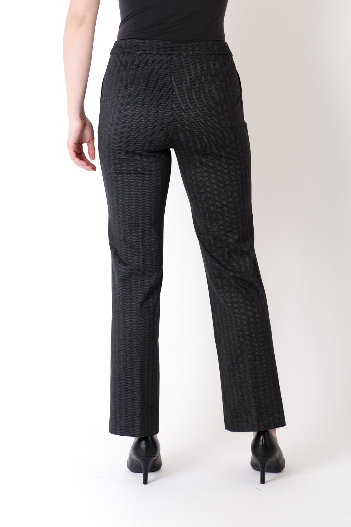 Lisette- Herringbone Ponte Straight Trouser in Charcoal Black