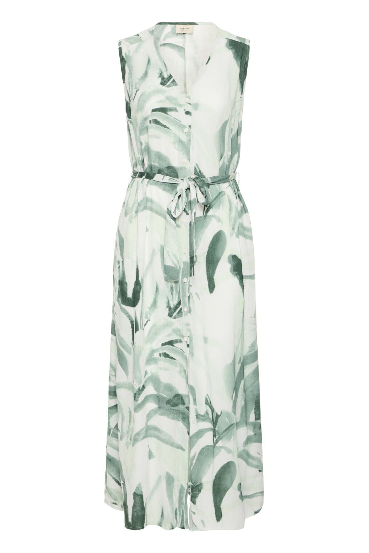 Fransa- Easy Printed Buttoned Midi Dress in Green