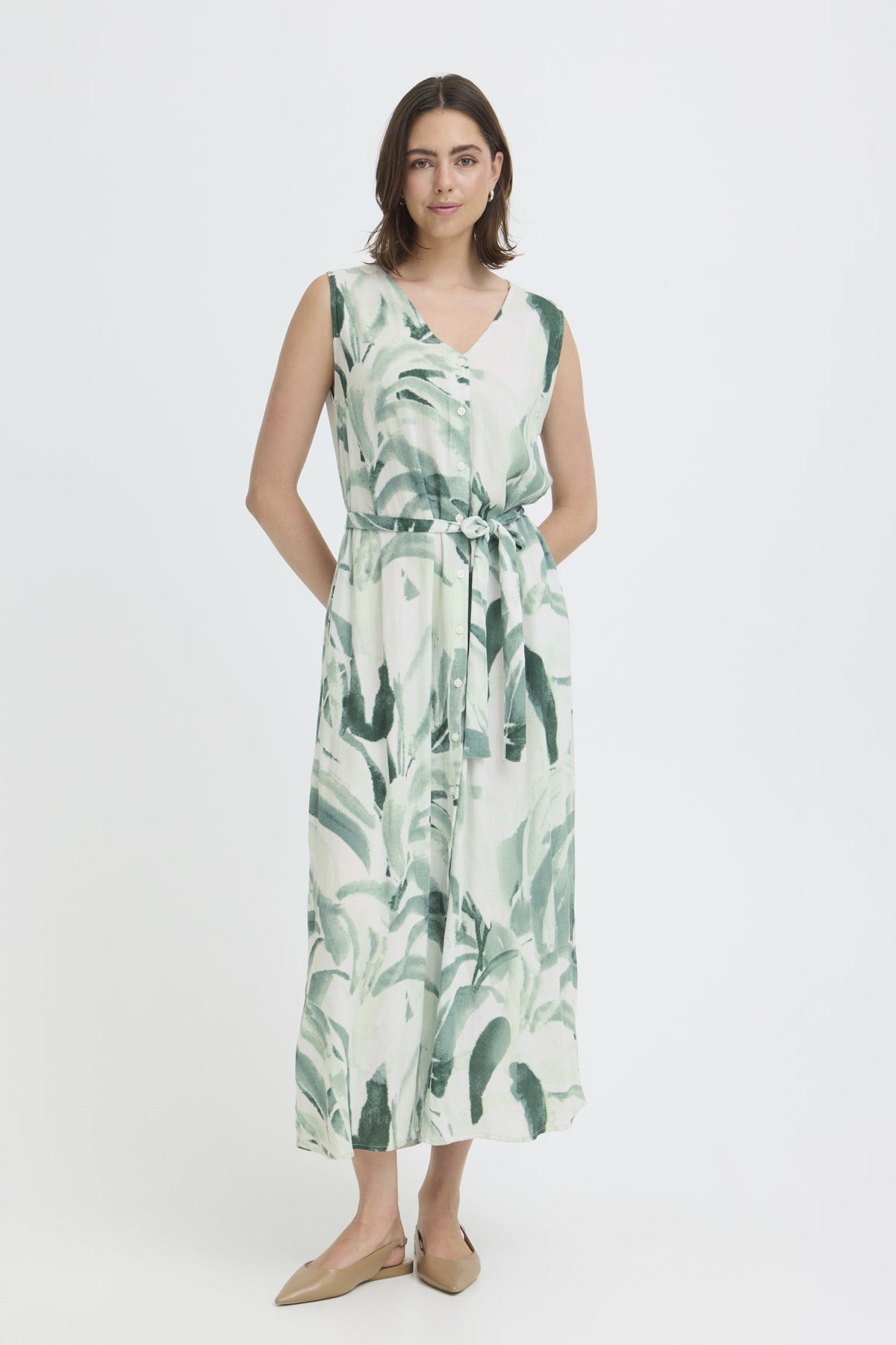 Fransa- Easy Printed Buttoned Midi Dress in Green