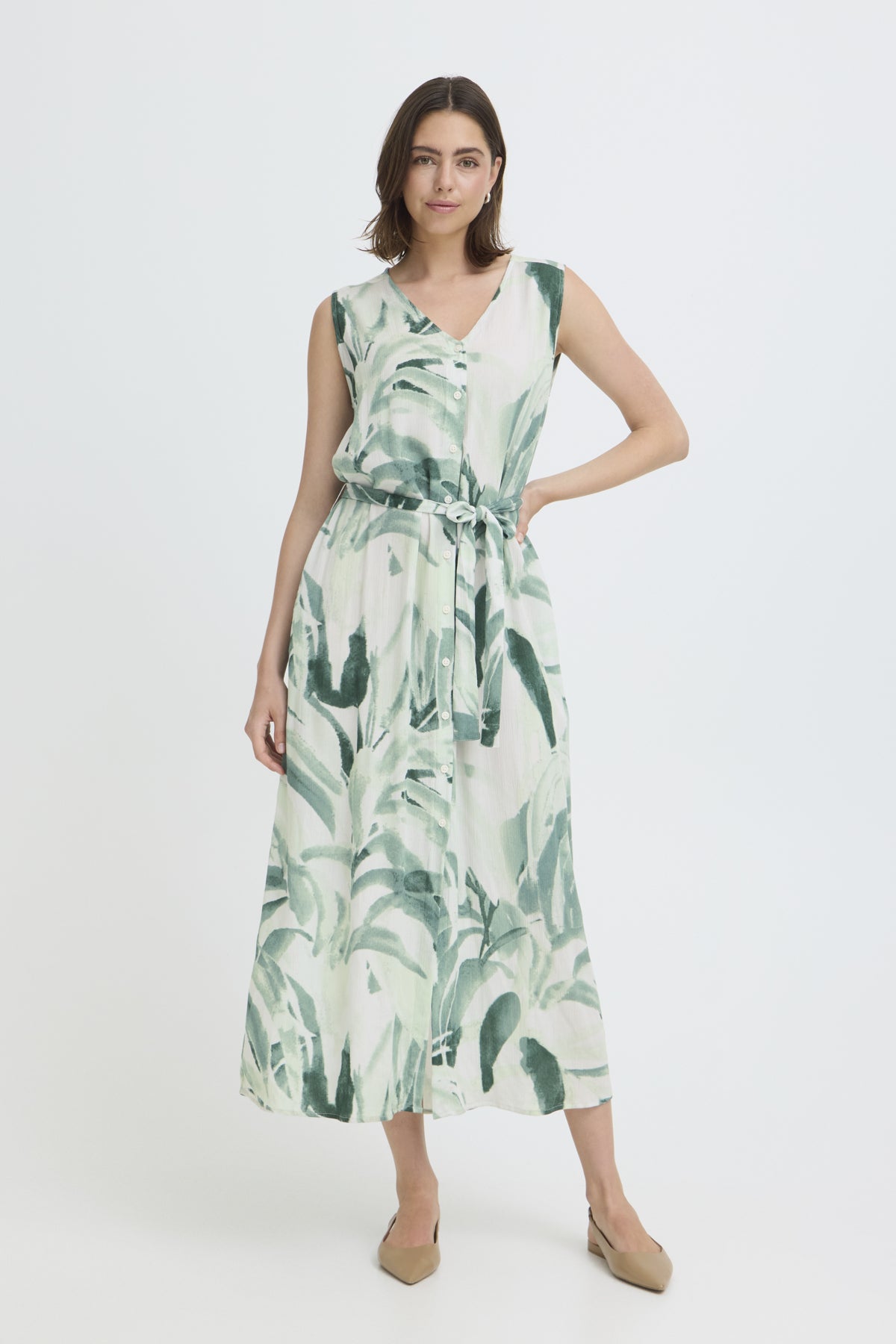 Fransa- Easy Printed Buttoned Midi Dress in Green