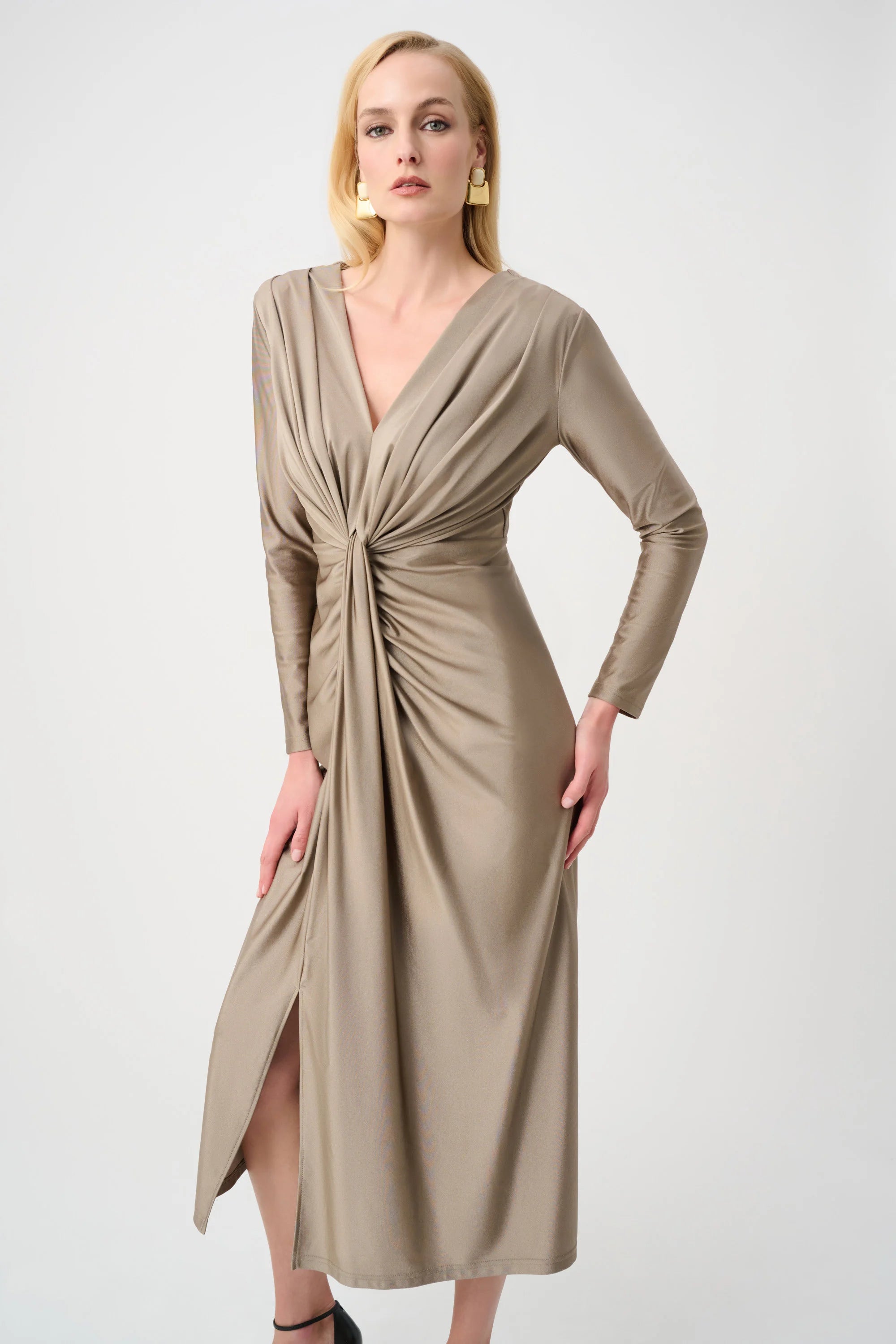 Joseph Ribkoff- Satin Effect Knit Draped V-Neck Sheath Dress in Platinum Grey