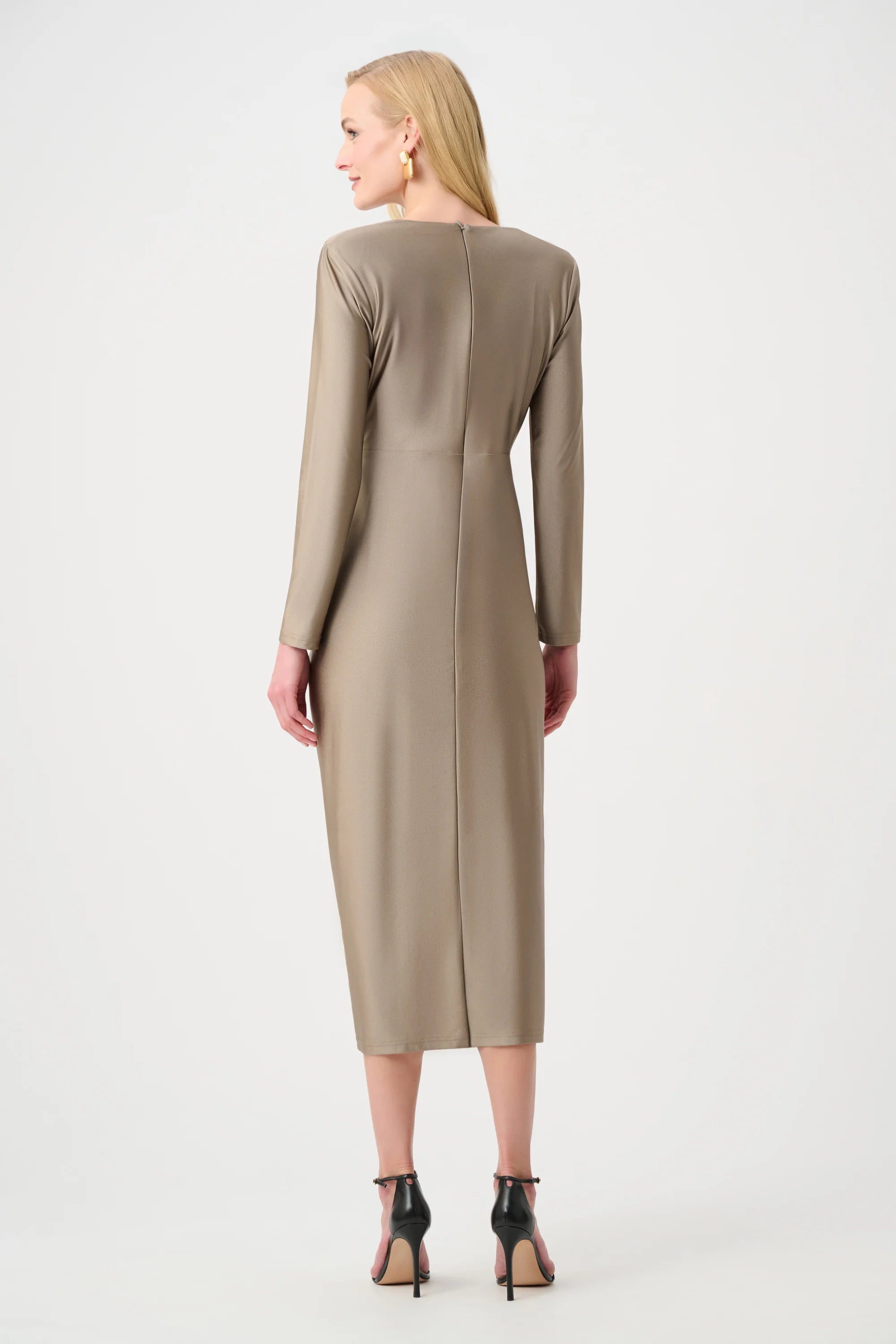 Joseph Ribkoff- Satin Effect Knit Draped V-Neck Sheath Dress in Platinum Grey