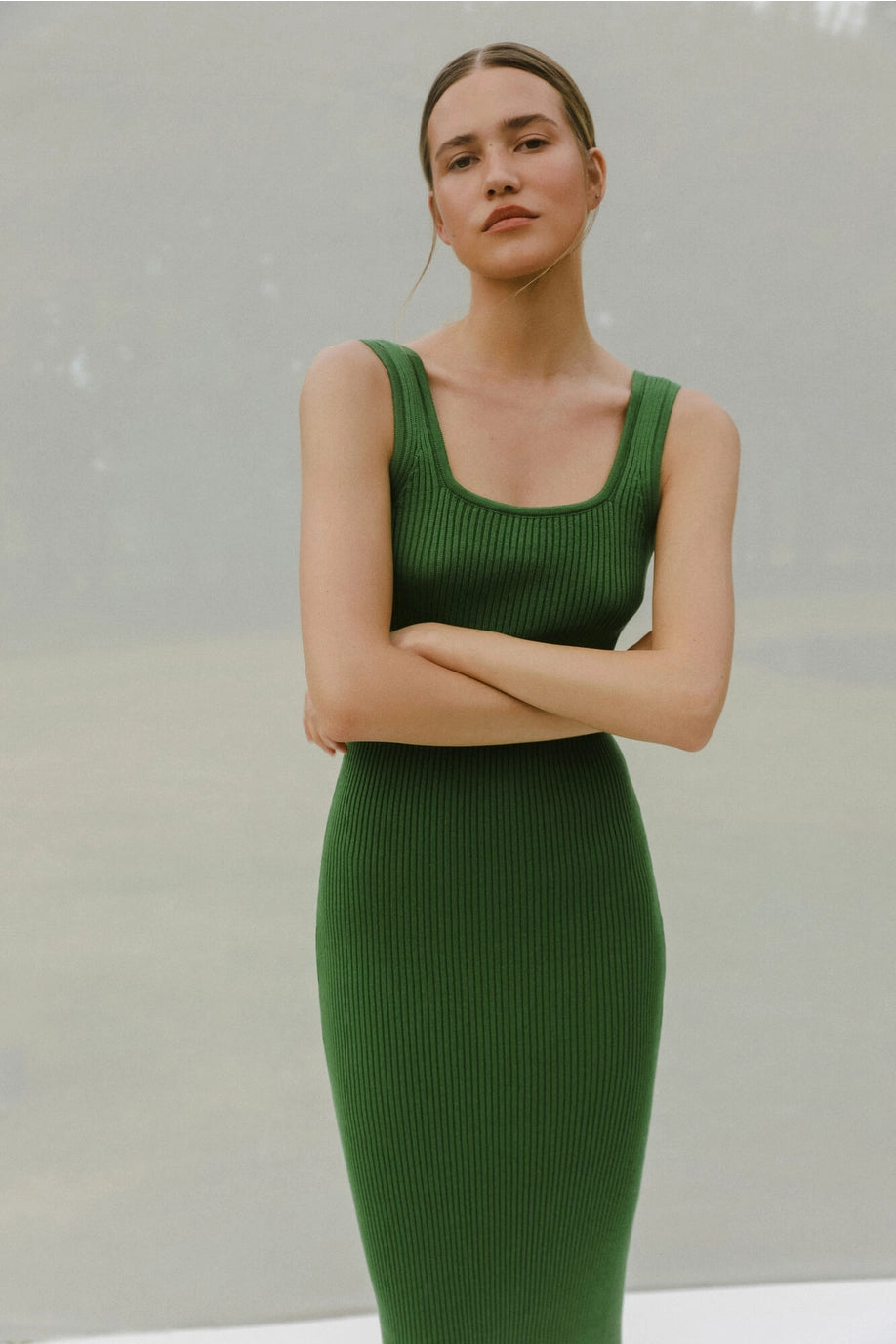 25 UNION- Linda Ribbed Square Neck Fitted Midi Dress in Green