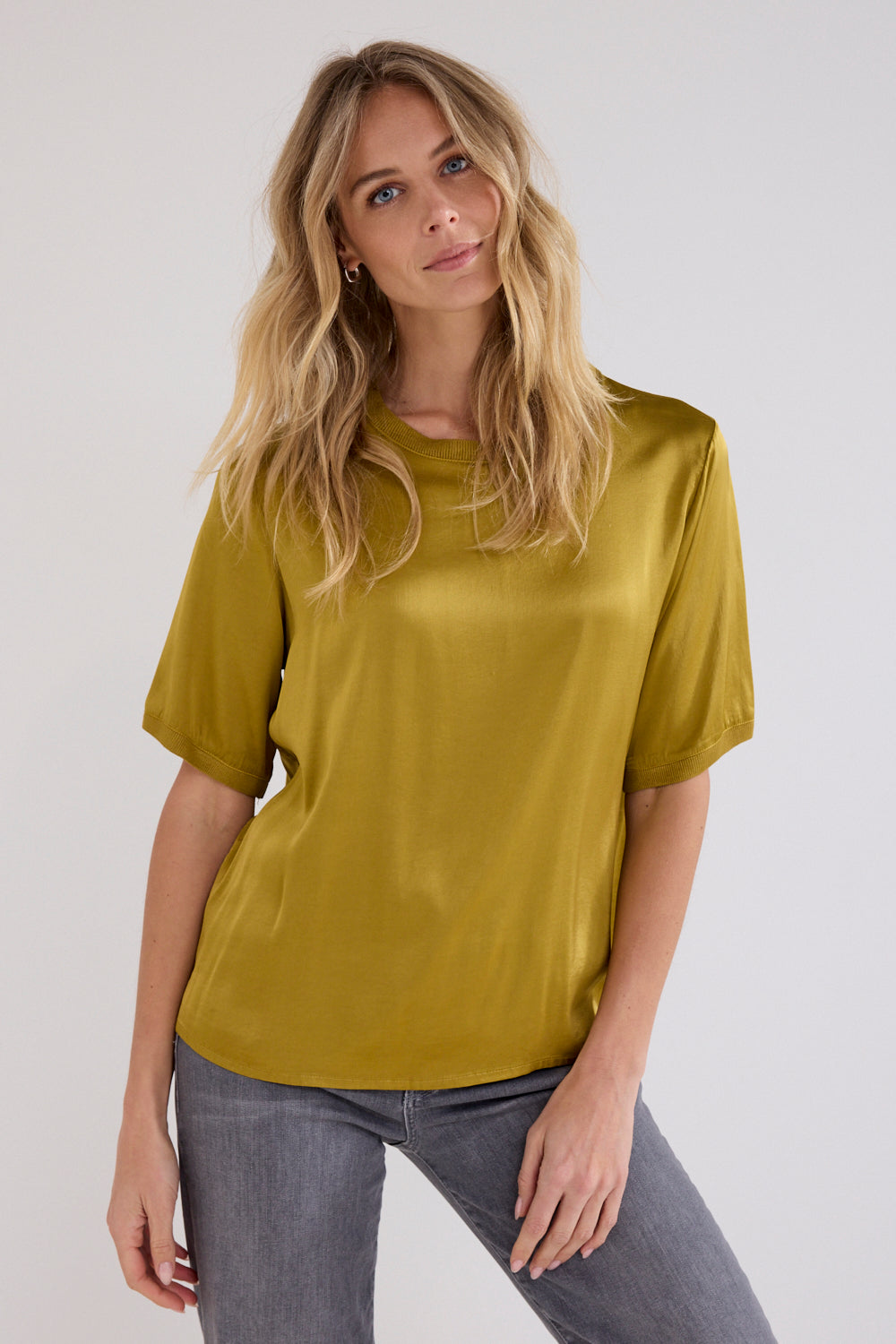 Tramontana- Satin Short Sleeve Blouse in Sprout