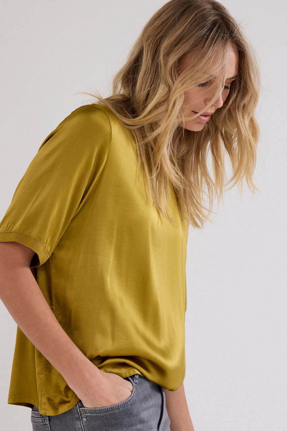 Tramontana- Satin Short Sleeve Blouse in Sprout