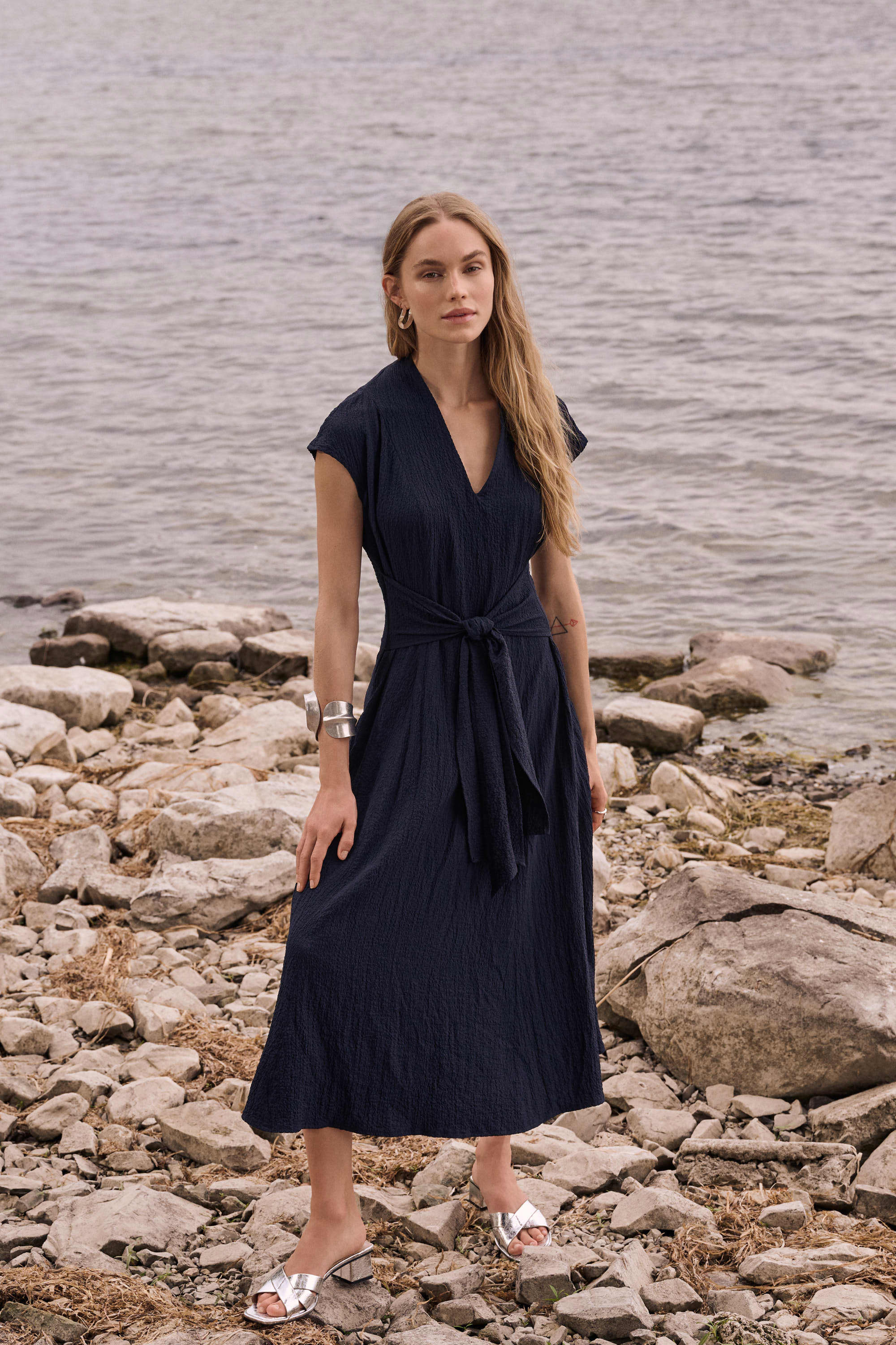 Joseph Ribkoff- Woven Seersucker Flared Midi Dress in Midnight Blue | floc boutique Joseph Ribkoff- Woven Seersucker Flared Midi Dress in Midnight Blue | floc boutique