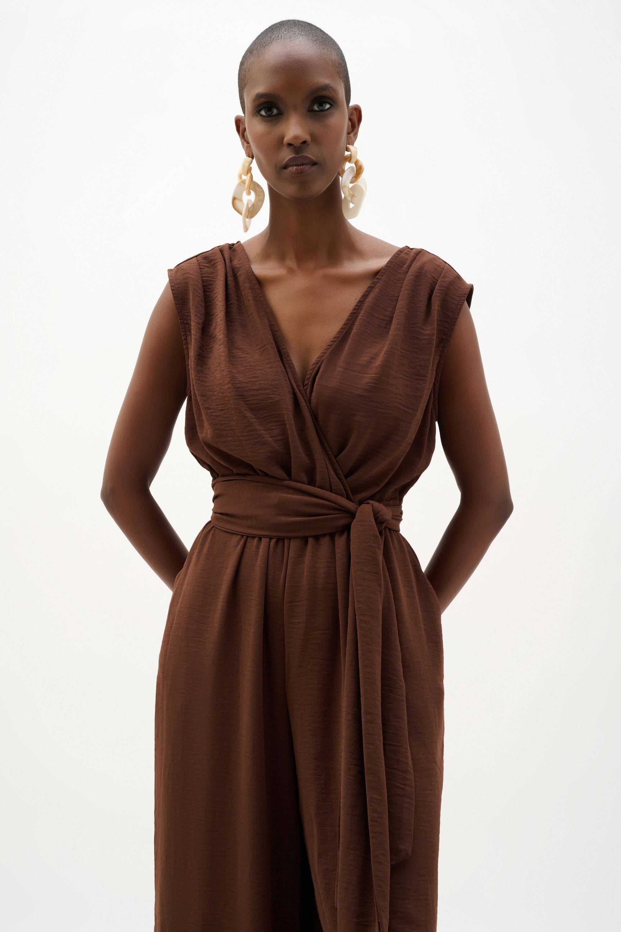 Joseph Ribkoff- Woven Gauze Wide Leg Pull-On Jumpsuit in Mahogany