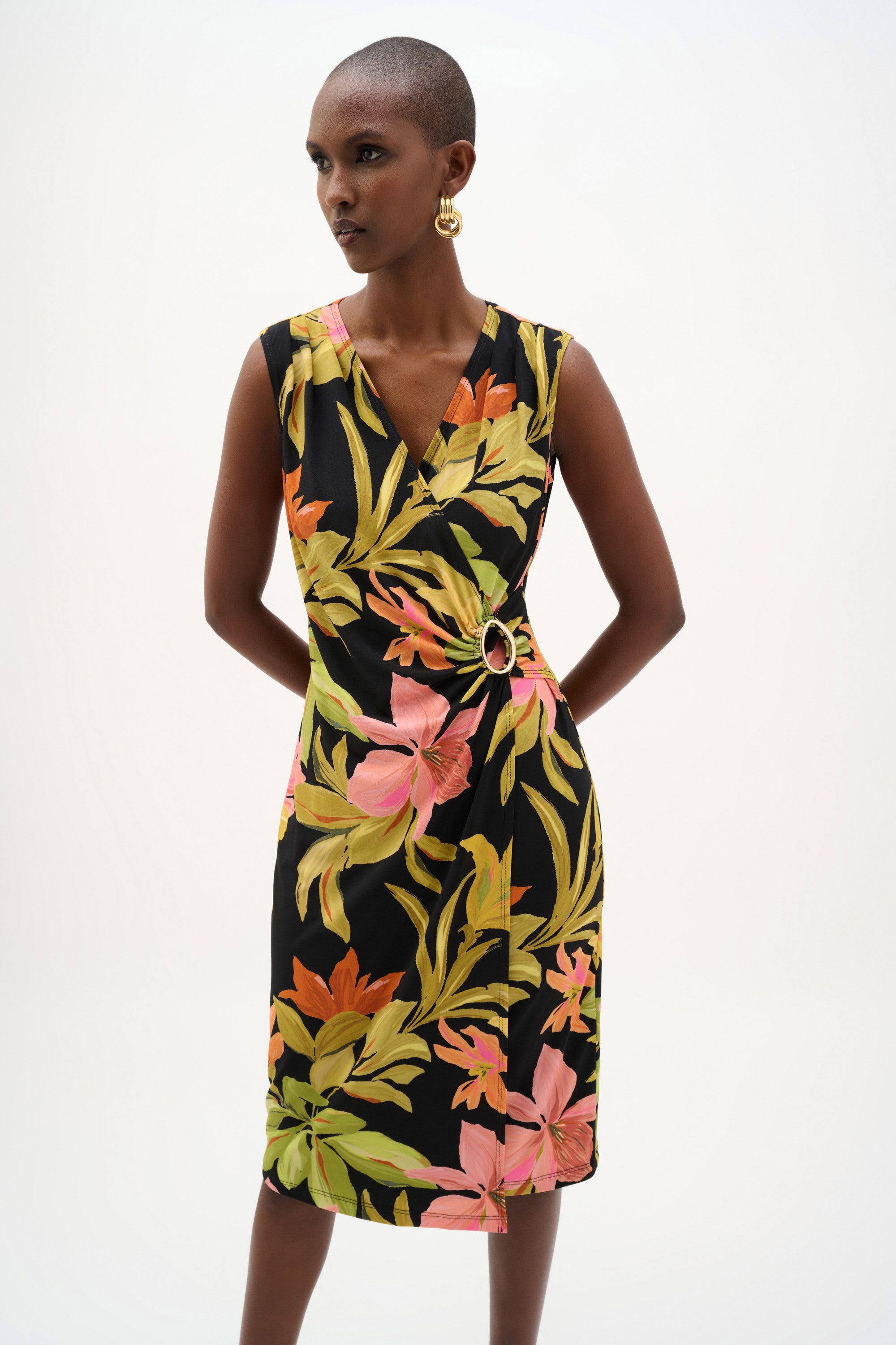 Joseph Ribkoff- Silky Knit Tropical Print Wrap Dress in Black Multi