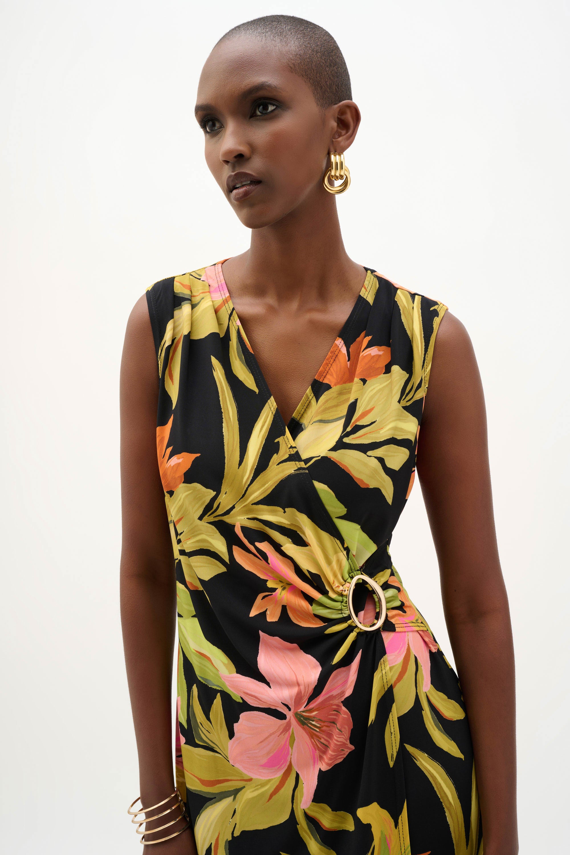 Joseph Ribkoff- Silky Knit Tropical Print Wrap Dress in Black Multi