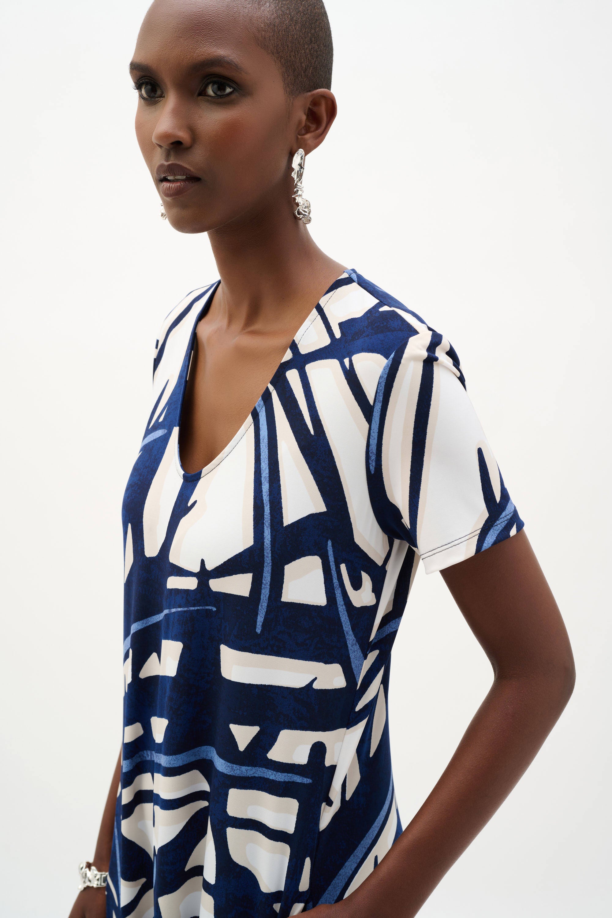 Joseph Ribkoff- Silky Knit Abstract Print Trapeze Dress in Vanilla Multi