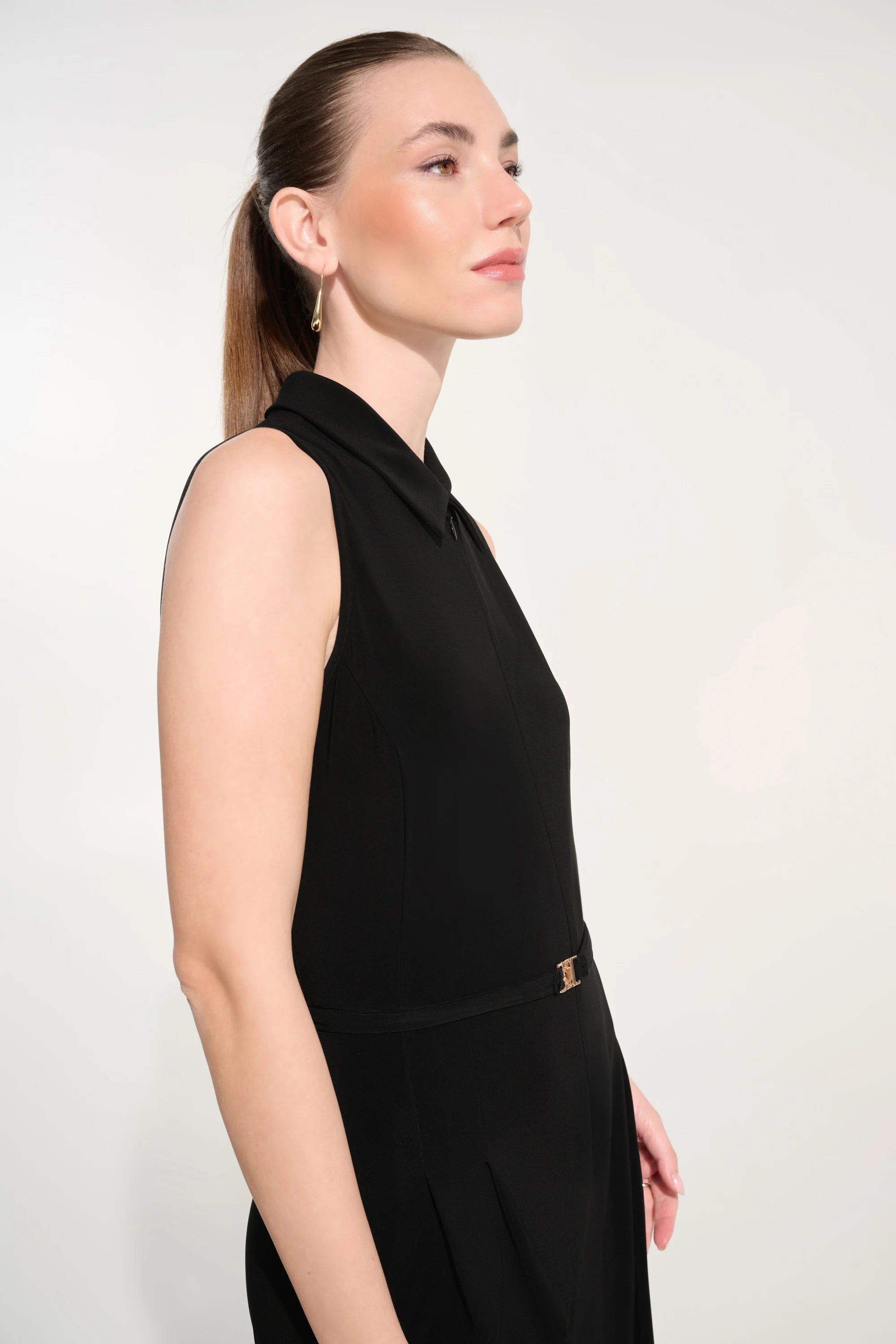 Joseph Ribkoff- Silky Knit Wide Leg Jumpsuit With Zipped Neckline in Black
