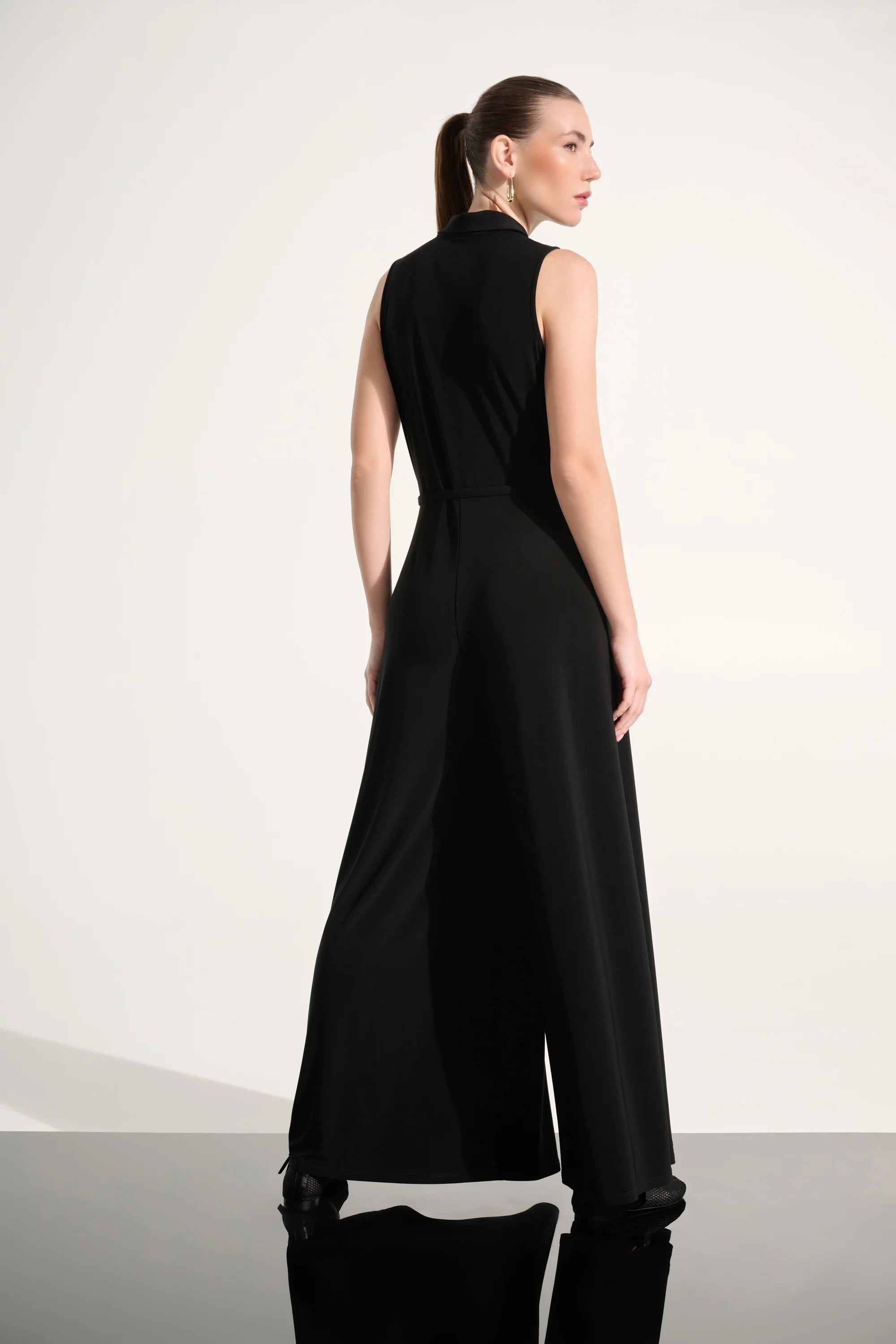 Joseph Ribkoff- Silky Knit Wide Leg Jumpsuit With Zipped Neckline in Black