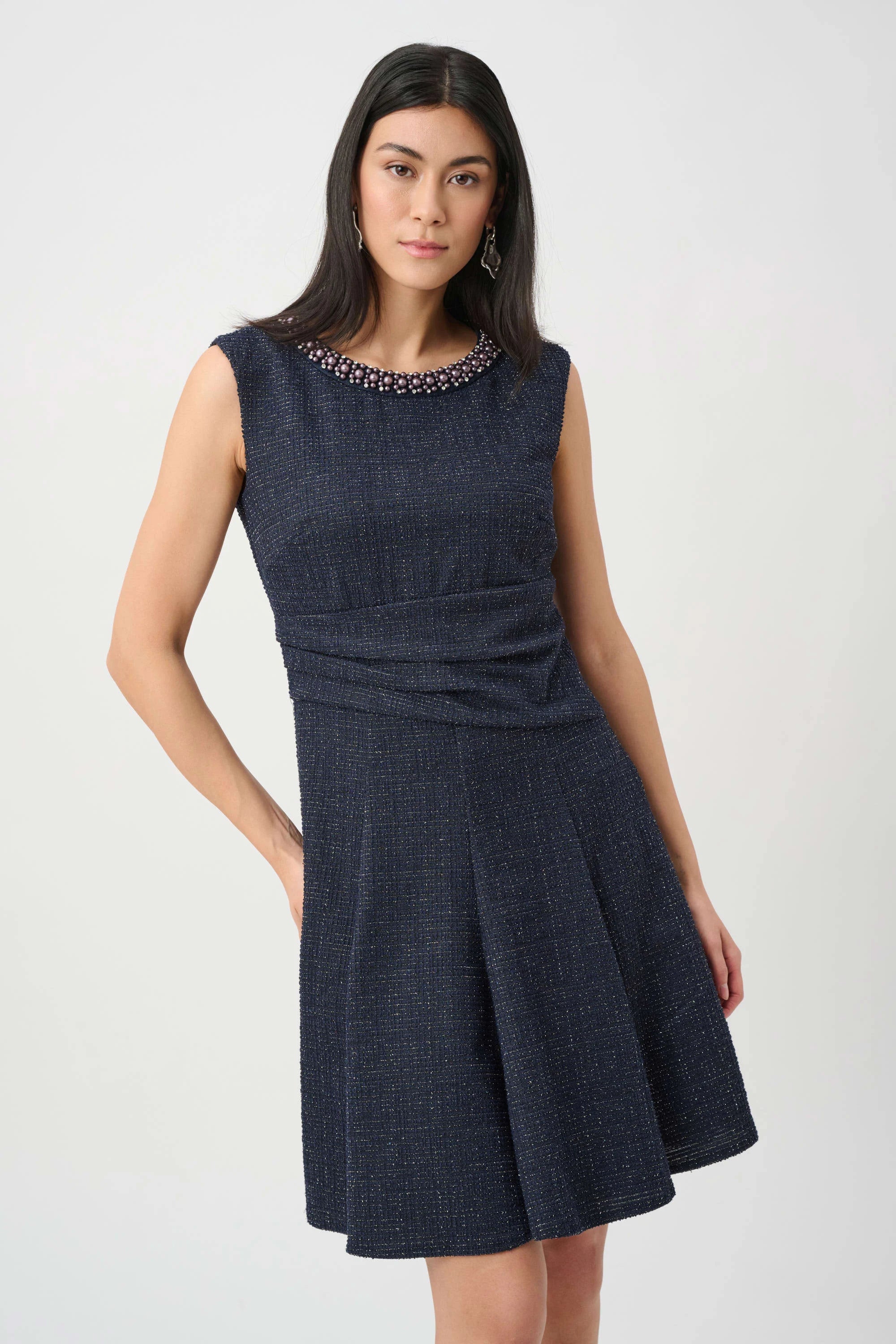 Joseph Ribkoff- Lurex Boucle Flounce Dress with Pearl Trim in Navy