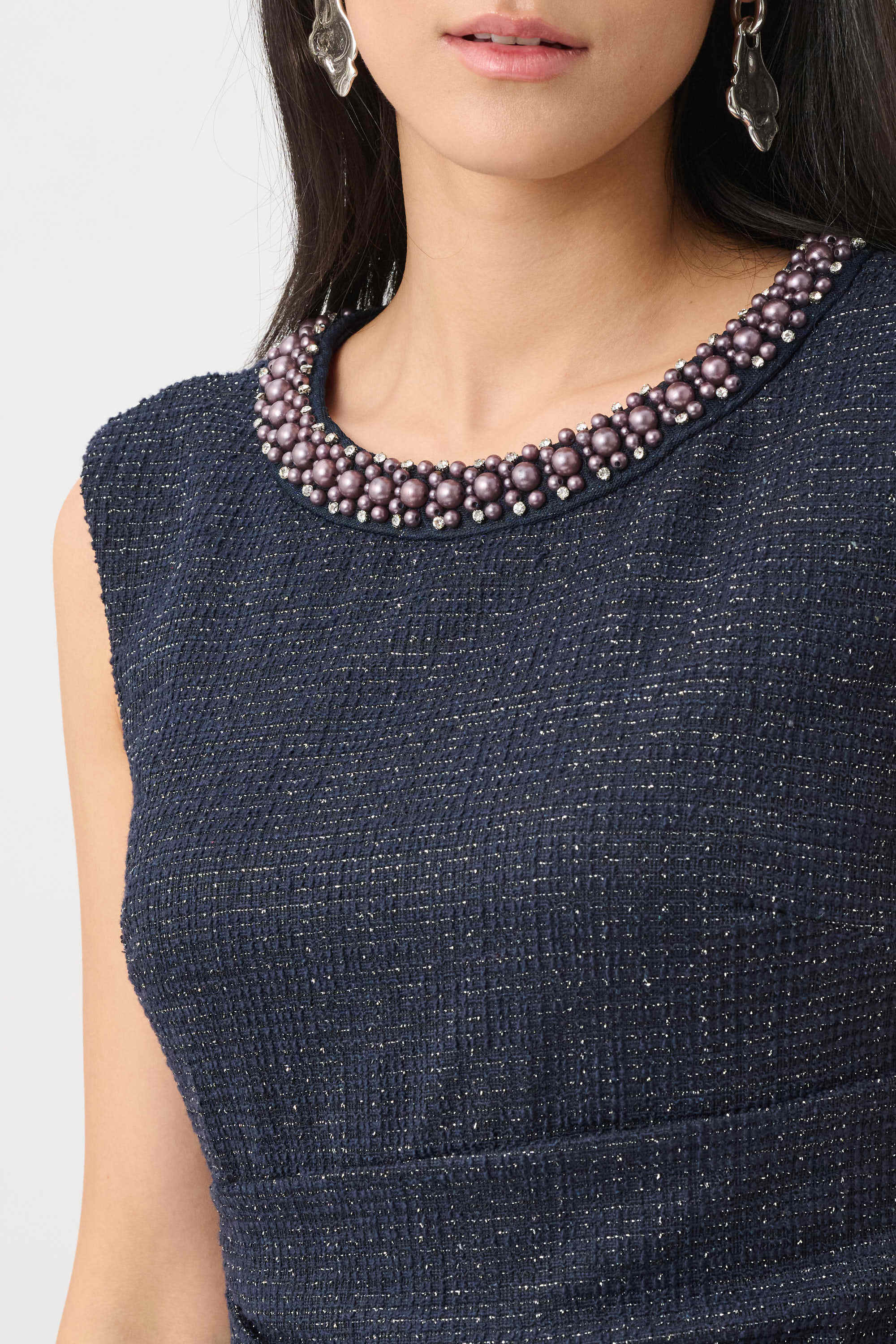 Joseph Ribkoff- Lurex Boucle Flounce Dress with Pearl Trim in Navy