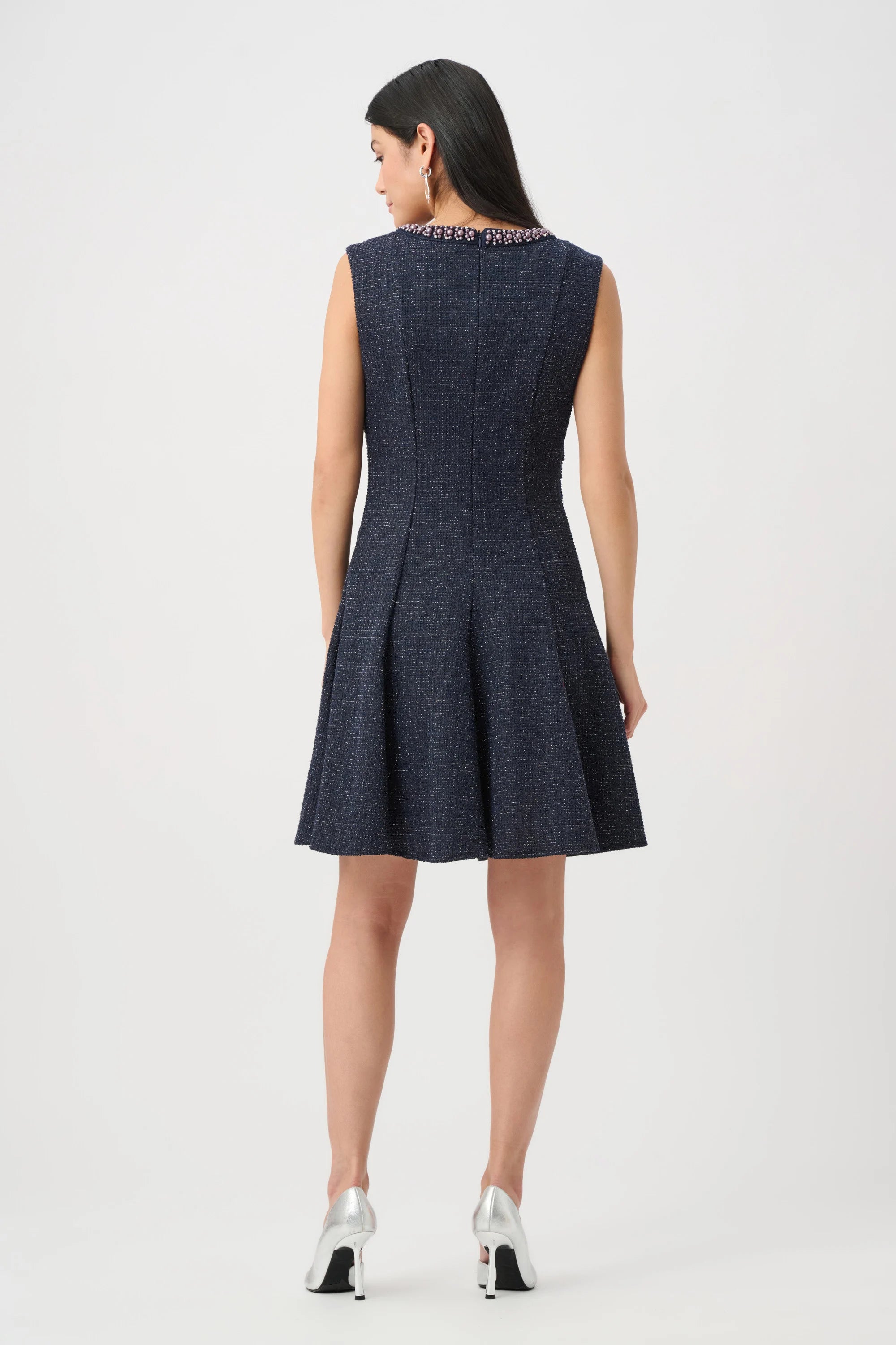 Joseph Ribkoff- Lurex Boucle Flounce Dress with Pearl Trim in Navy