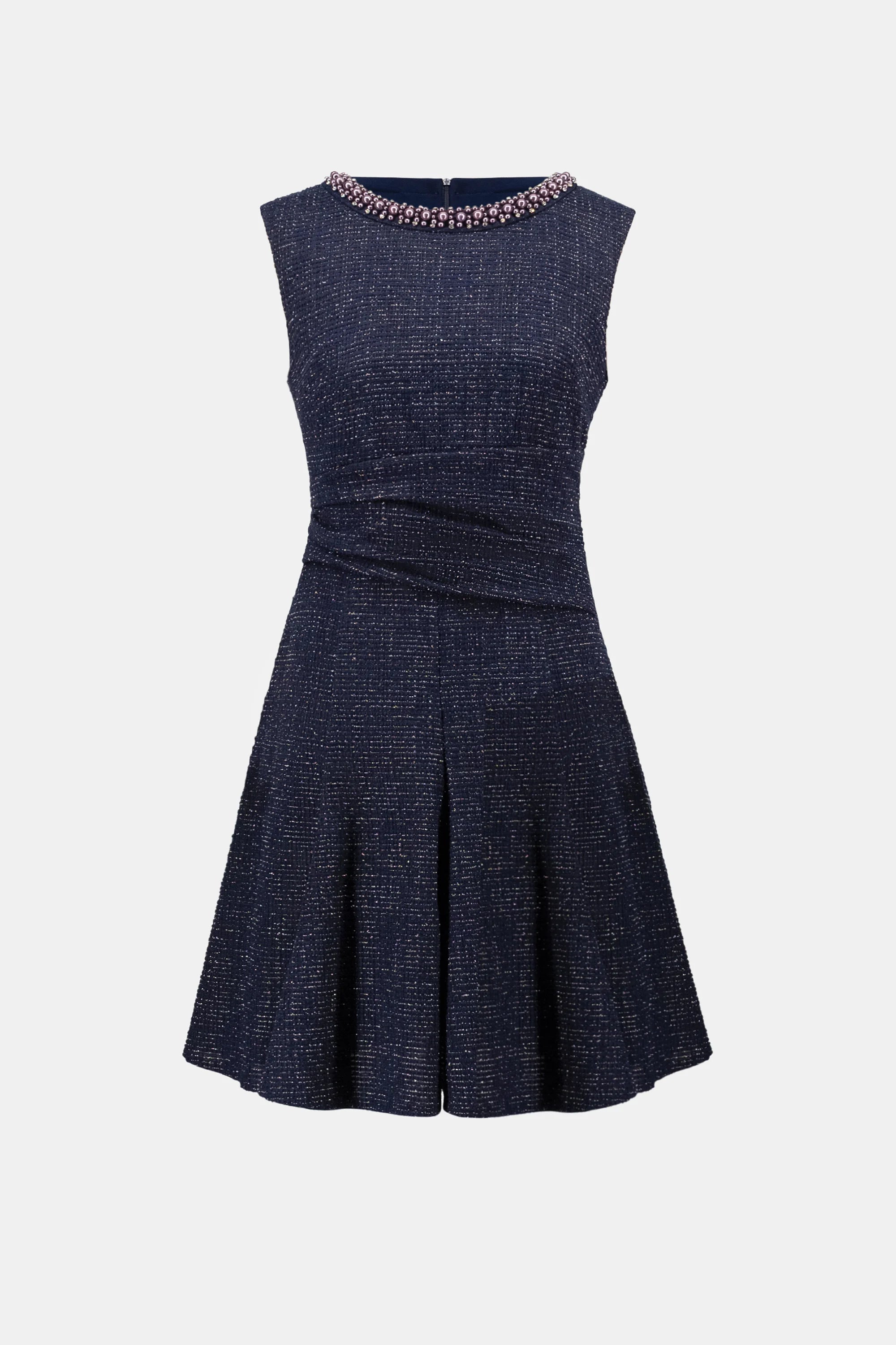Joseph Ribkoff- Lurex Boucle Flounce Dress with Pearl Trim in Navy