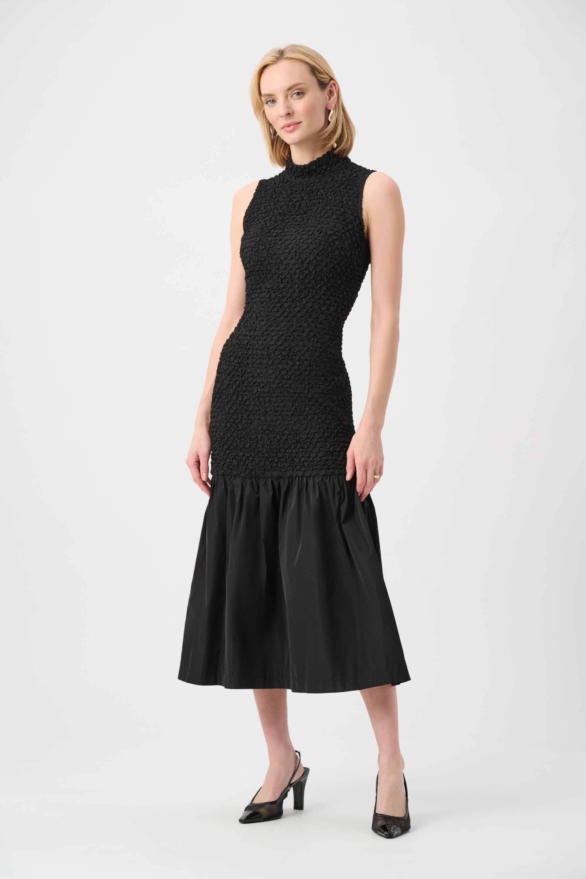 Joseph Ribkoff- Textured Jacquard Flounce Dress with Memory in Black