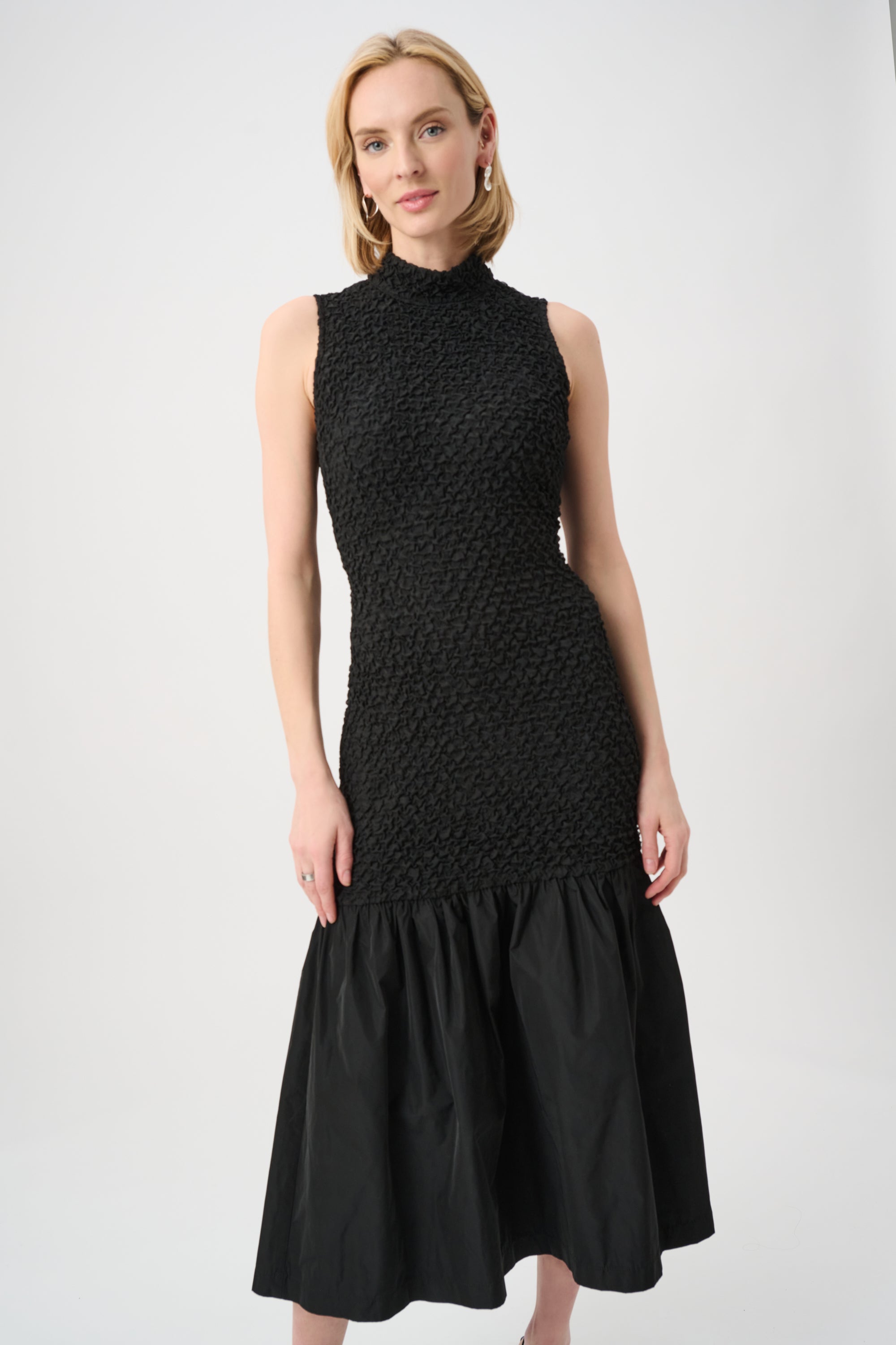 Joseph Ribkoff- Textured Jacquard Flounce Dress with Memory in Black