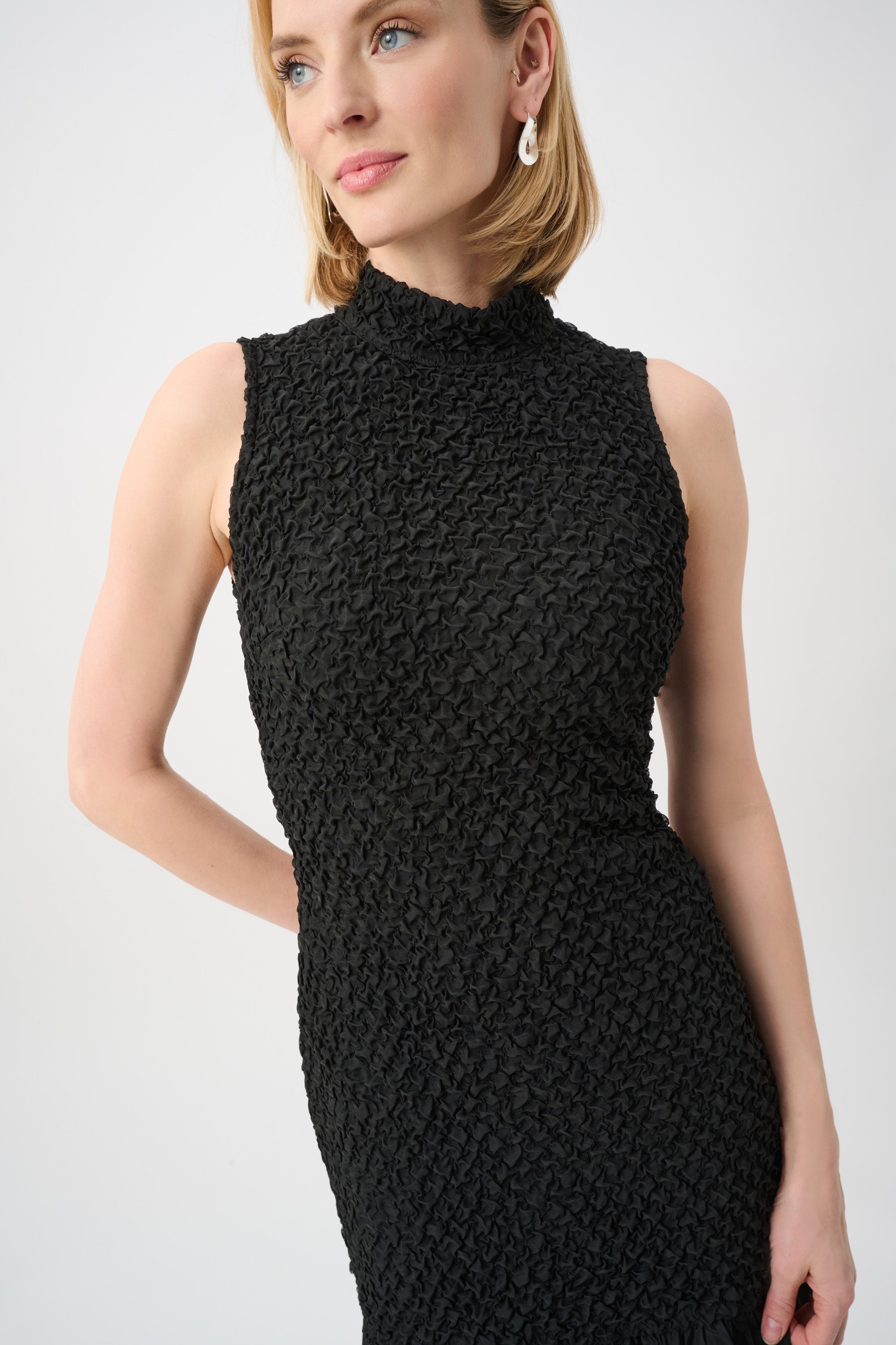 Joseph Ribkoff- Textured Jacquard Flounce Dress with Memory in Black