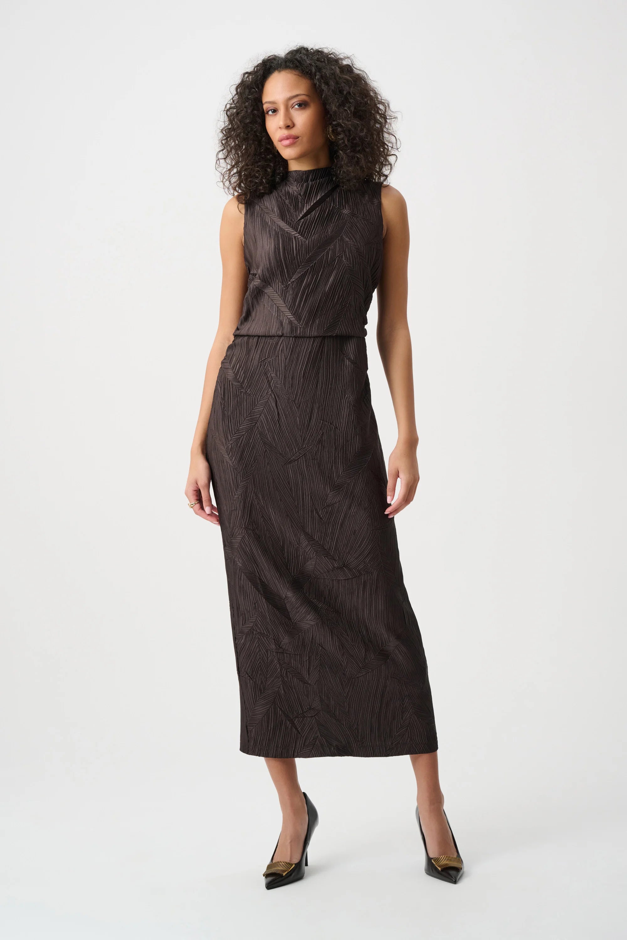 Joseph Ribkoff- Pleated Satin Sleeveless Midi Dress in Mocha