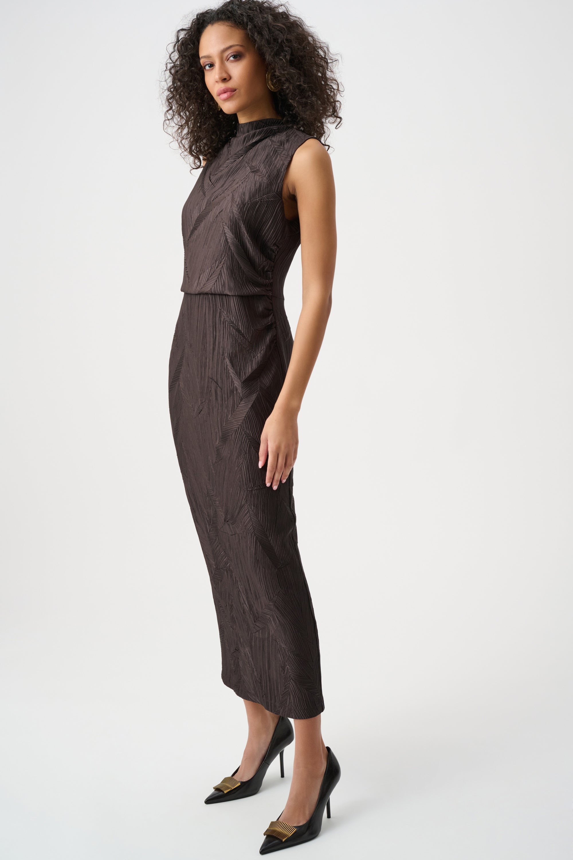 Joseph Ribkoff- Pleated Satin Sleeveless Midi Dress in Mocha