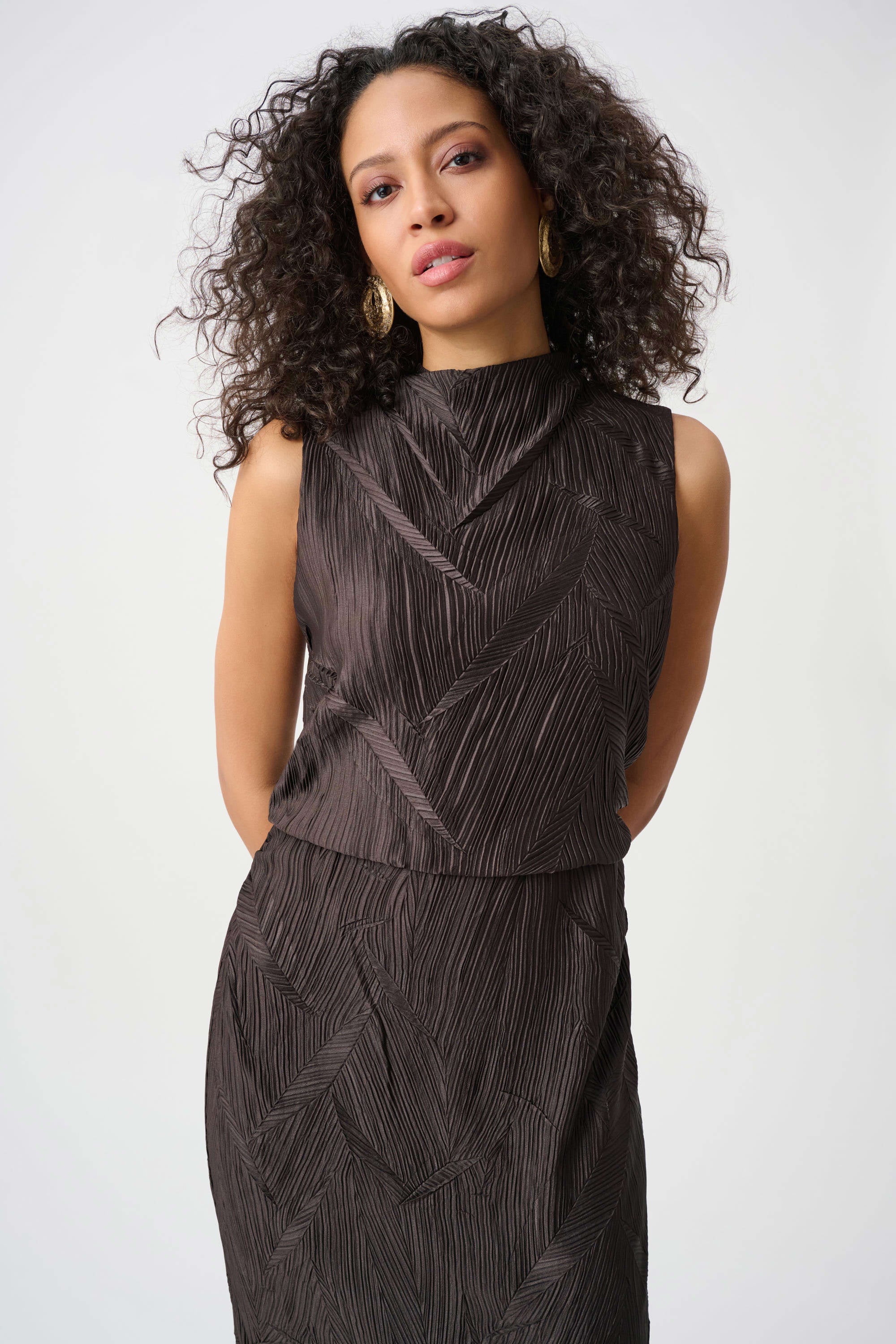 Joseph Ribkoff- Pleated Satin Sleeveless Midi Dress in Mocha