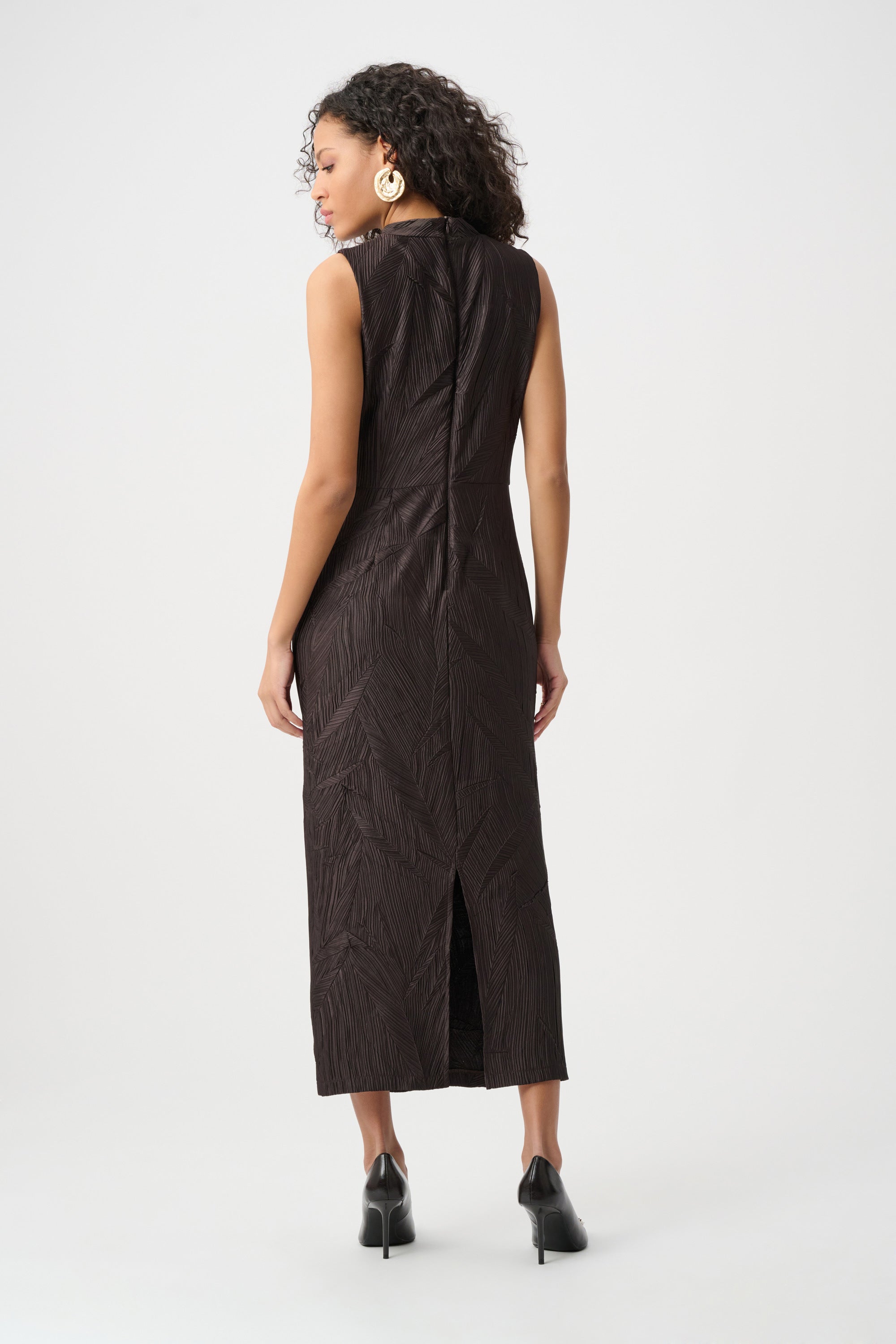 Joseph Ribkoff- Pleated Satin Sleeveless Midi Dress in Mocha