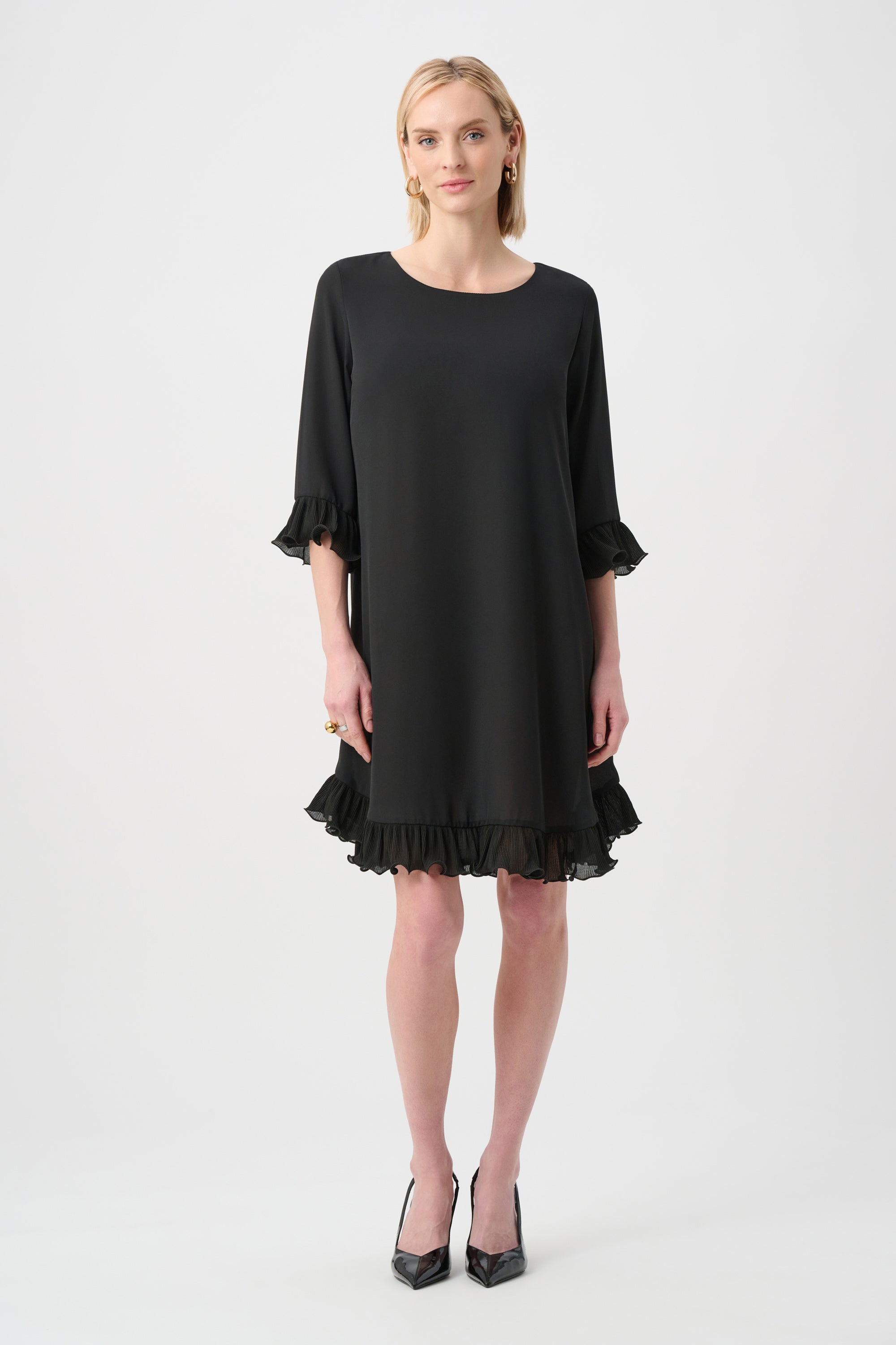Joseph Ribkoff- Georgette Ruffled-Trim Trapeze Dress in Black Joseph Ribkoff- Georgette Ruffled-Trim Trapeze Dress in Black