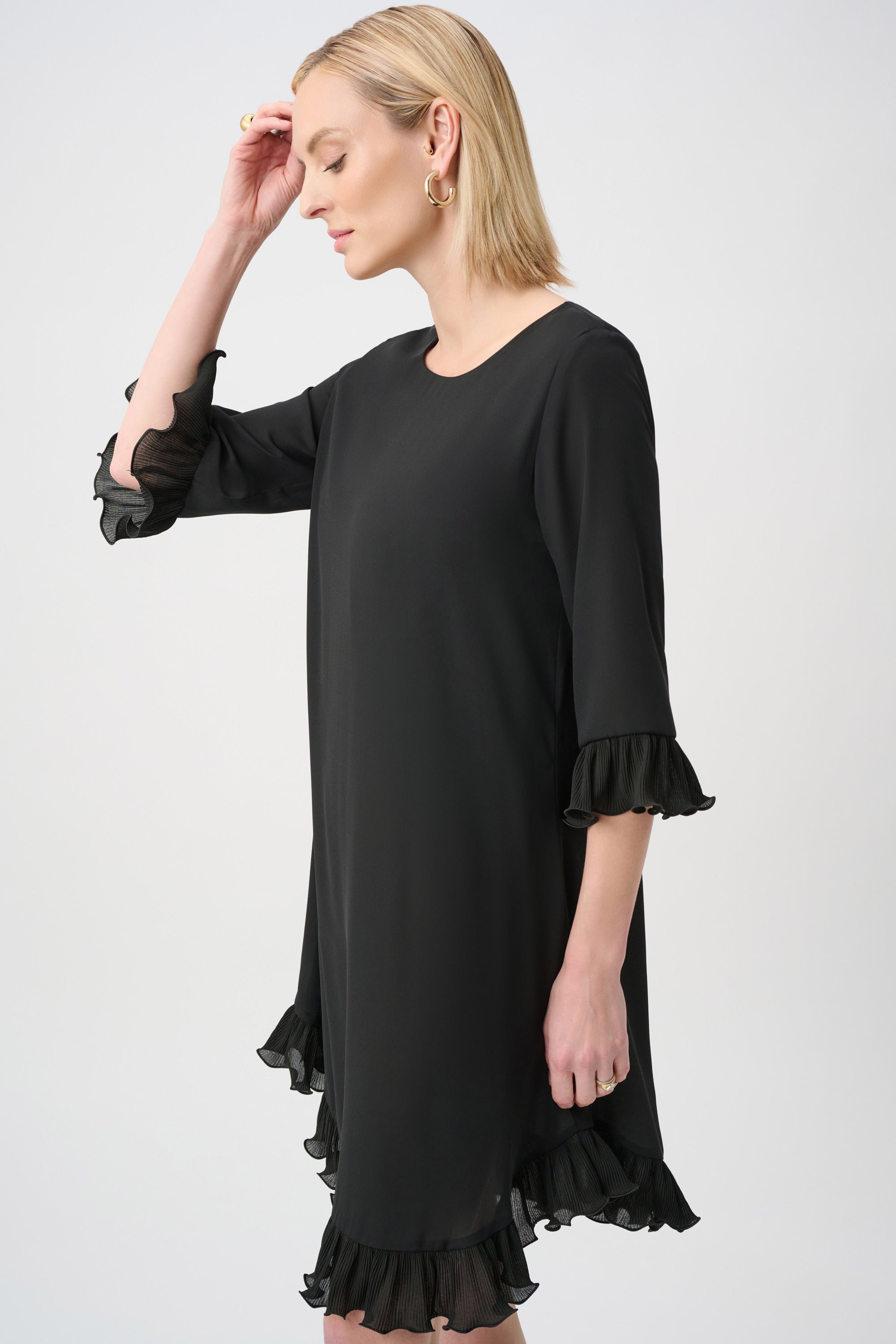Joseph Ribkoff- Georgette Ruffled-Trim Trapeze Dress in Black