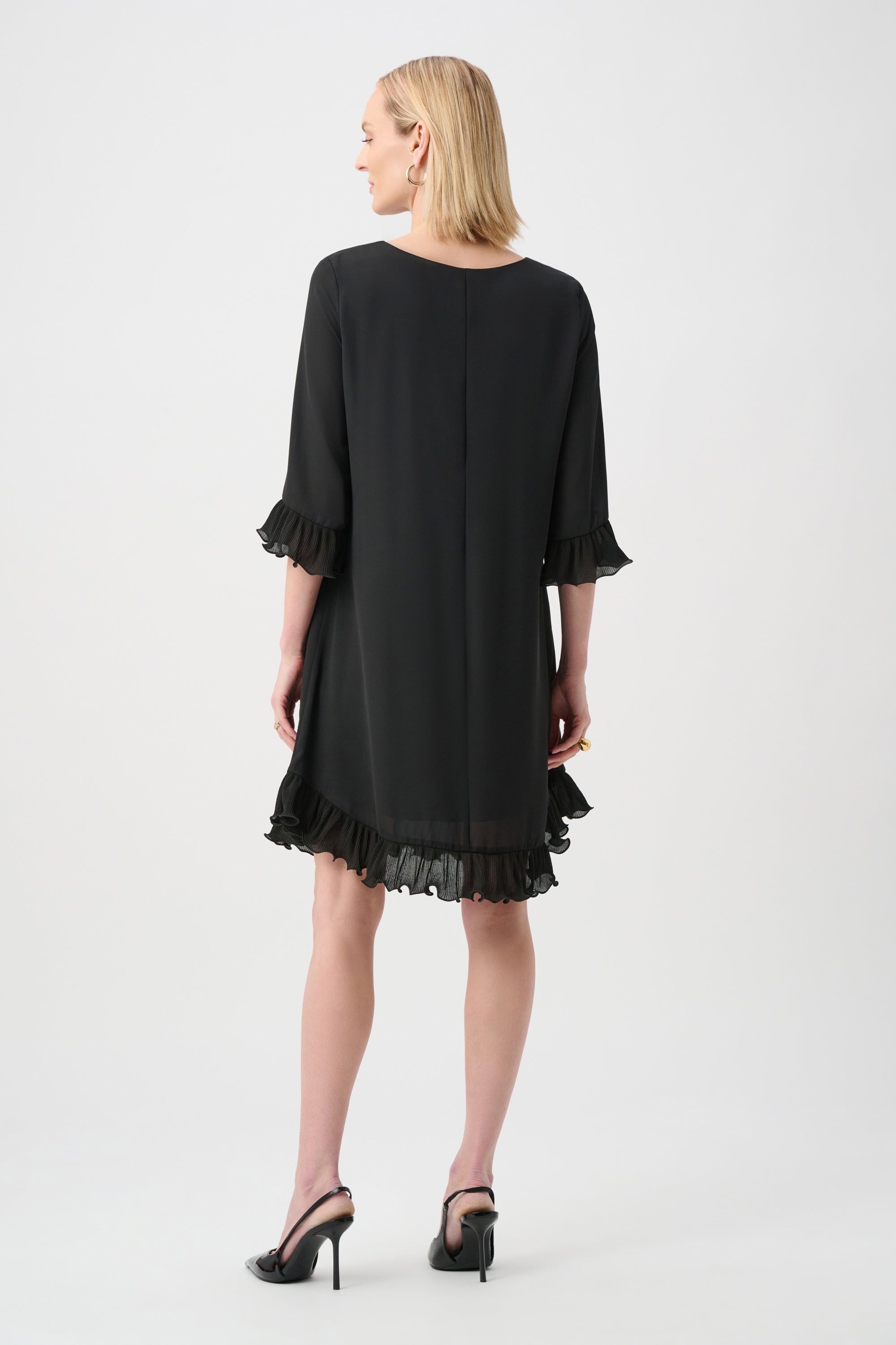 Joseph Ribkoff- Georgette Ruffled-Trim Trapeze Dress in Black