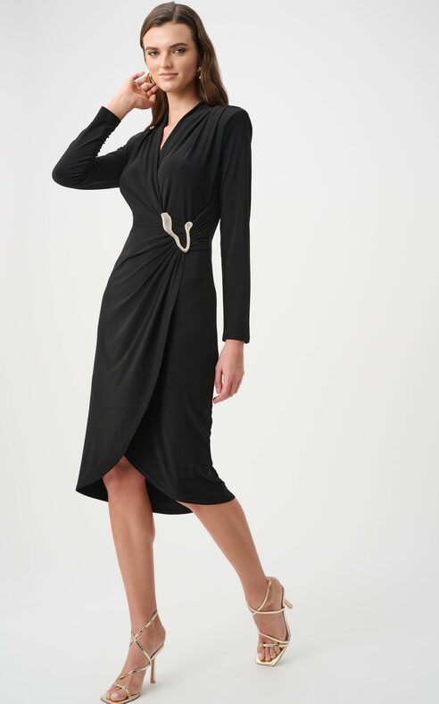 Joseph Ribkoff- Silky Knit Sheath Wrap Dress in Black