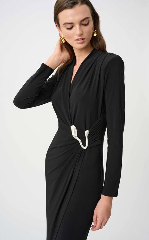 Joseph Ribkoff- Silky Knit Sheath Wrap Dress in Black