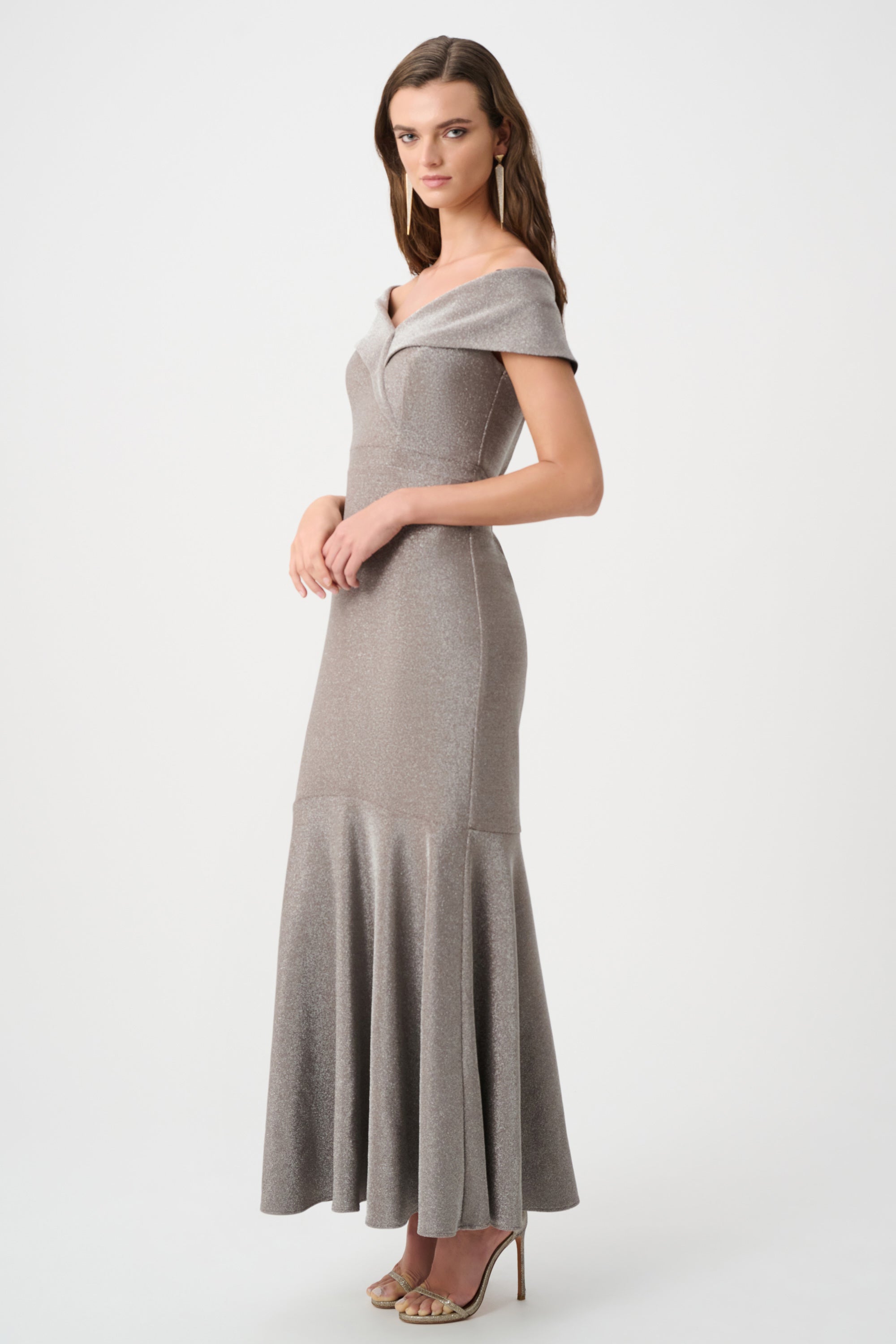 Joseph Ribkoff- Sparkle Knit Off-Shoulder Trumpet Dress in Taupe