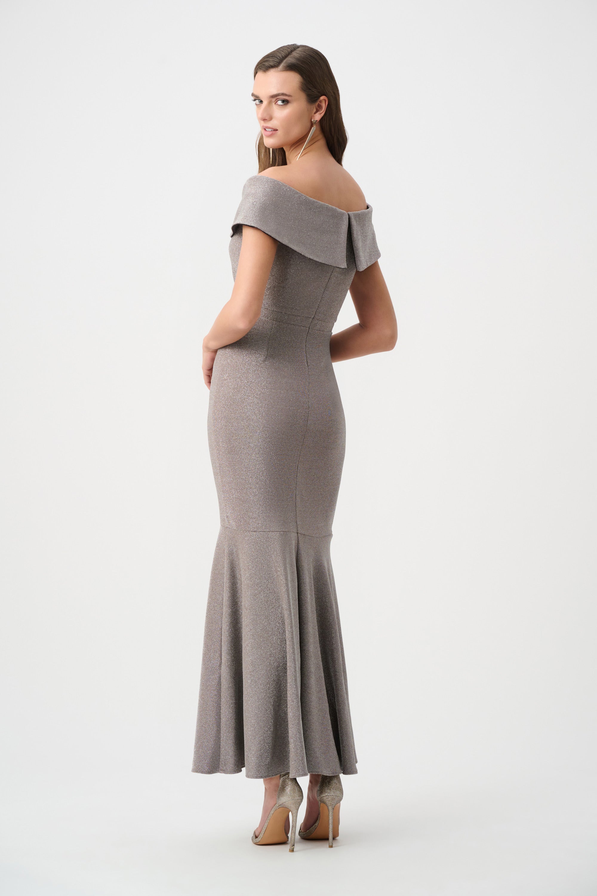 Joseph Ribkoff- Sparkle Knit Off-Shoulder Trumpet Dress in Taupe