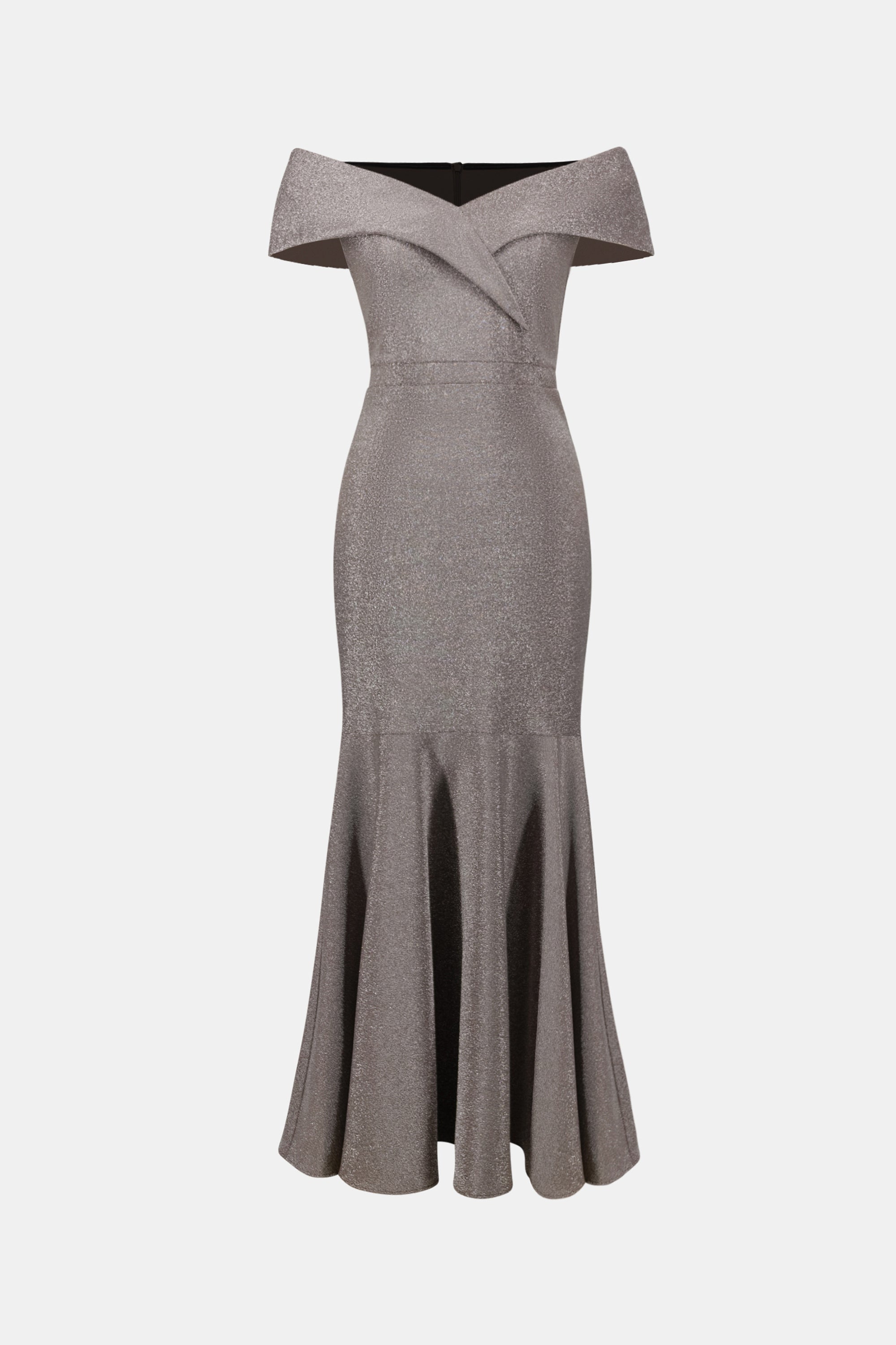 Joseph Ribkoff- Sparkle Knit Off-Shoulder Trumpet Dress in Taupe