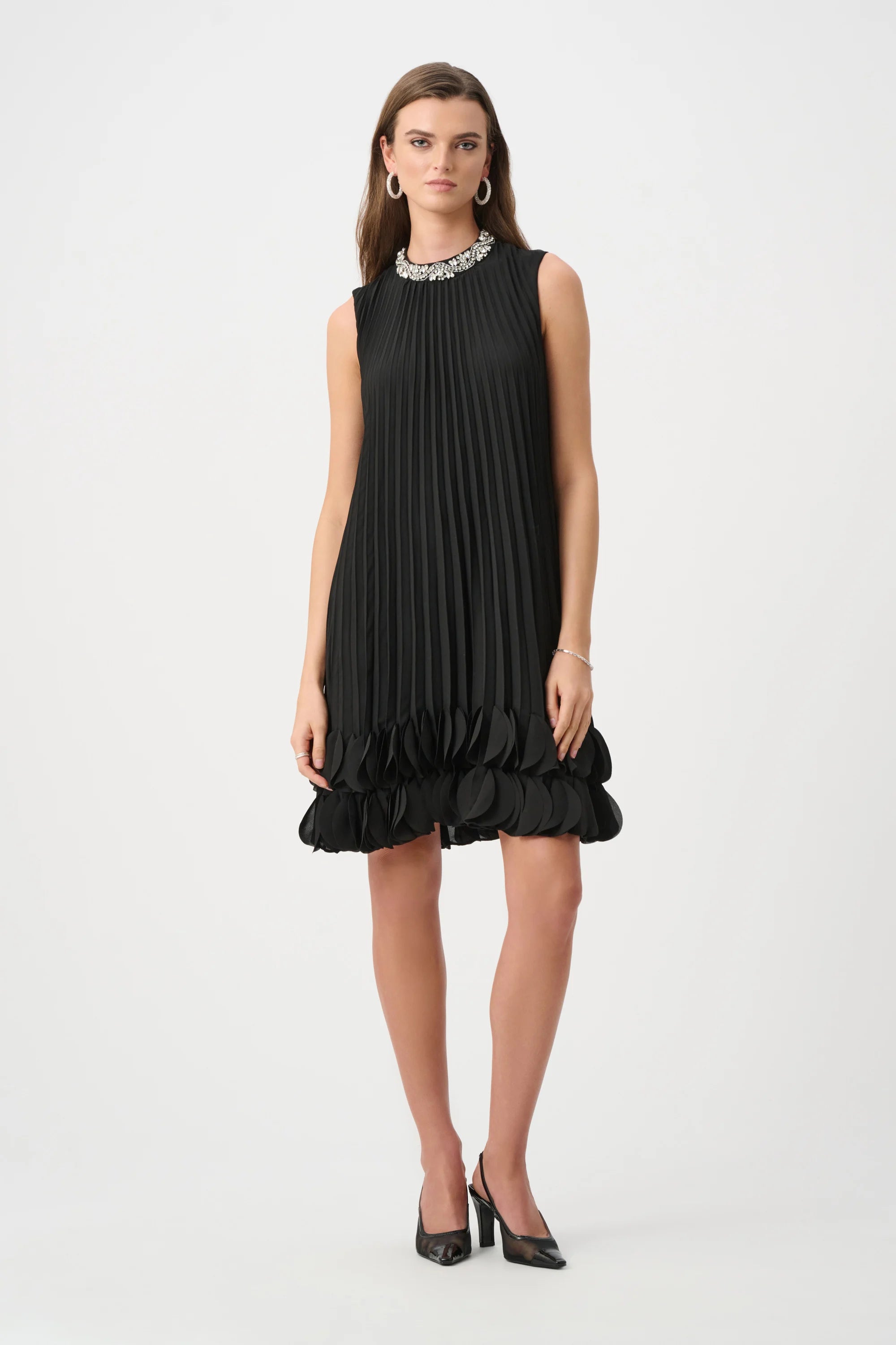 Joseph Ribkoff- Pleated Georgette Embellished A-Line Dress in Black