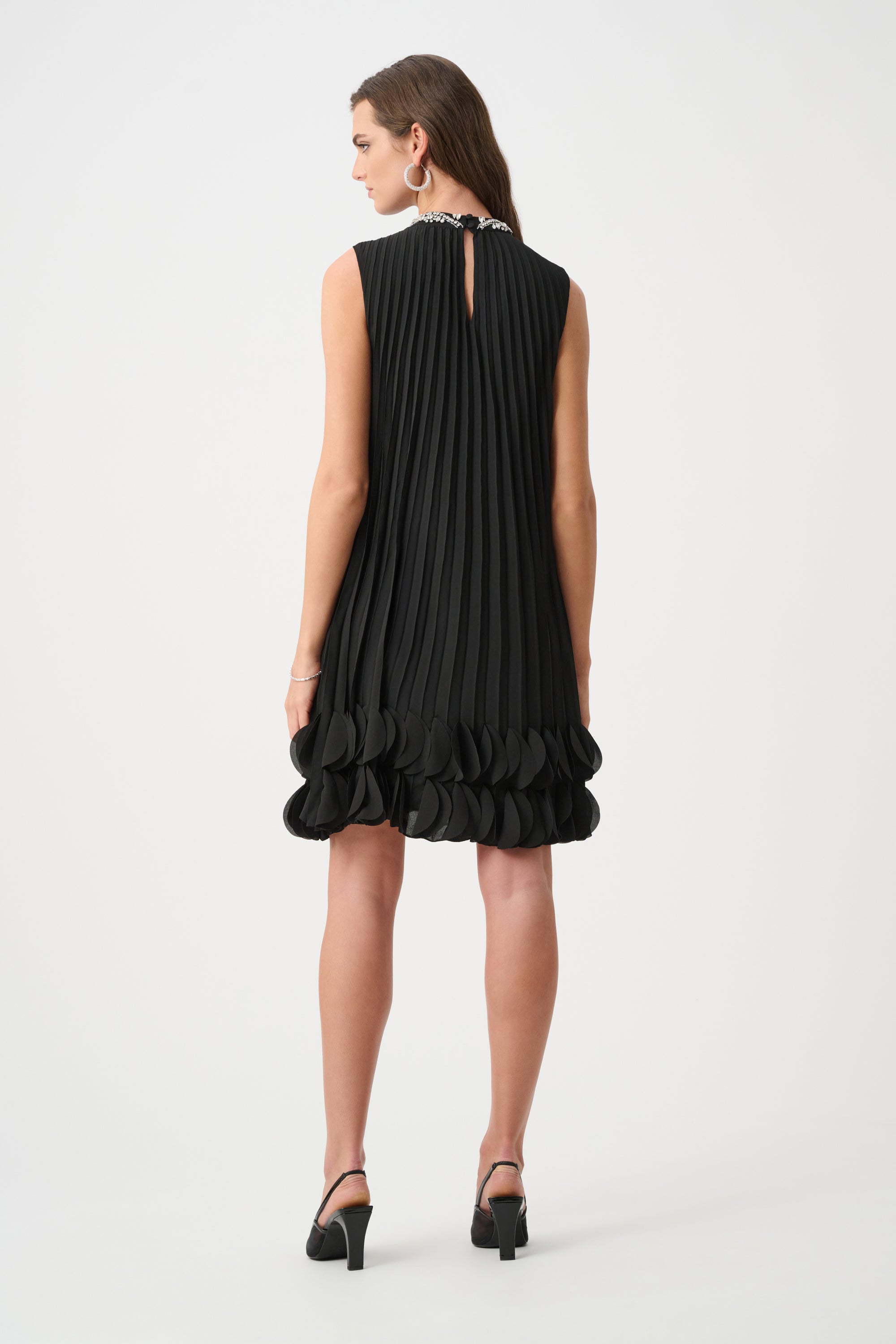 Joseph Ribkoff- Pleated Georgette Embellished A-Line Dress in Black