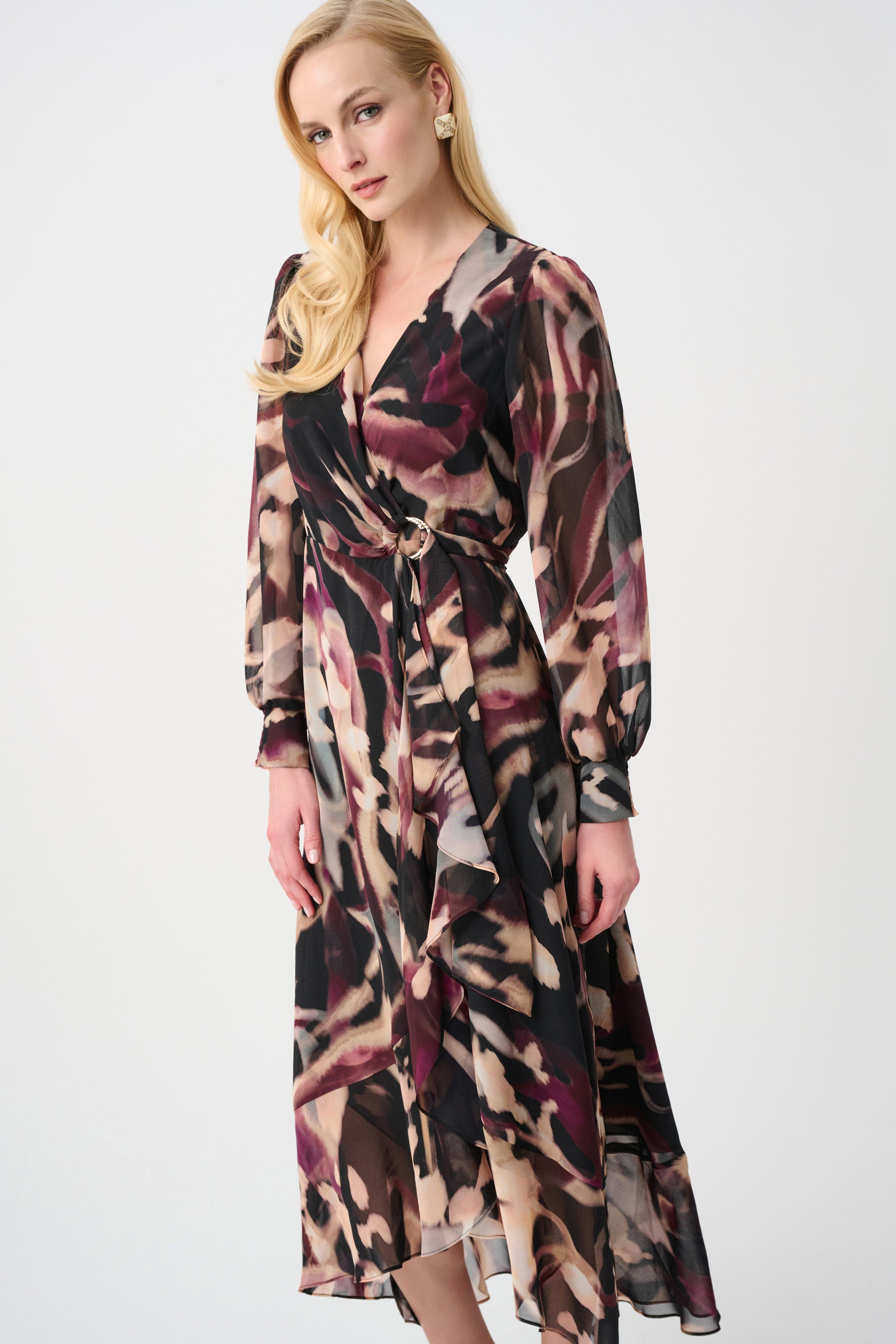 Joseph Ribkoff- Chiffon Printed Flared Wrap Dress in Black