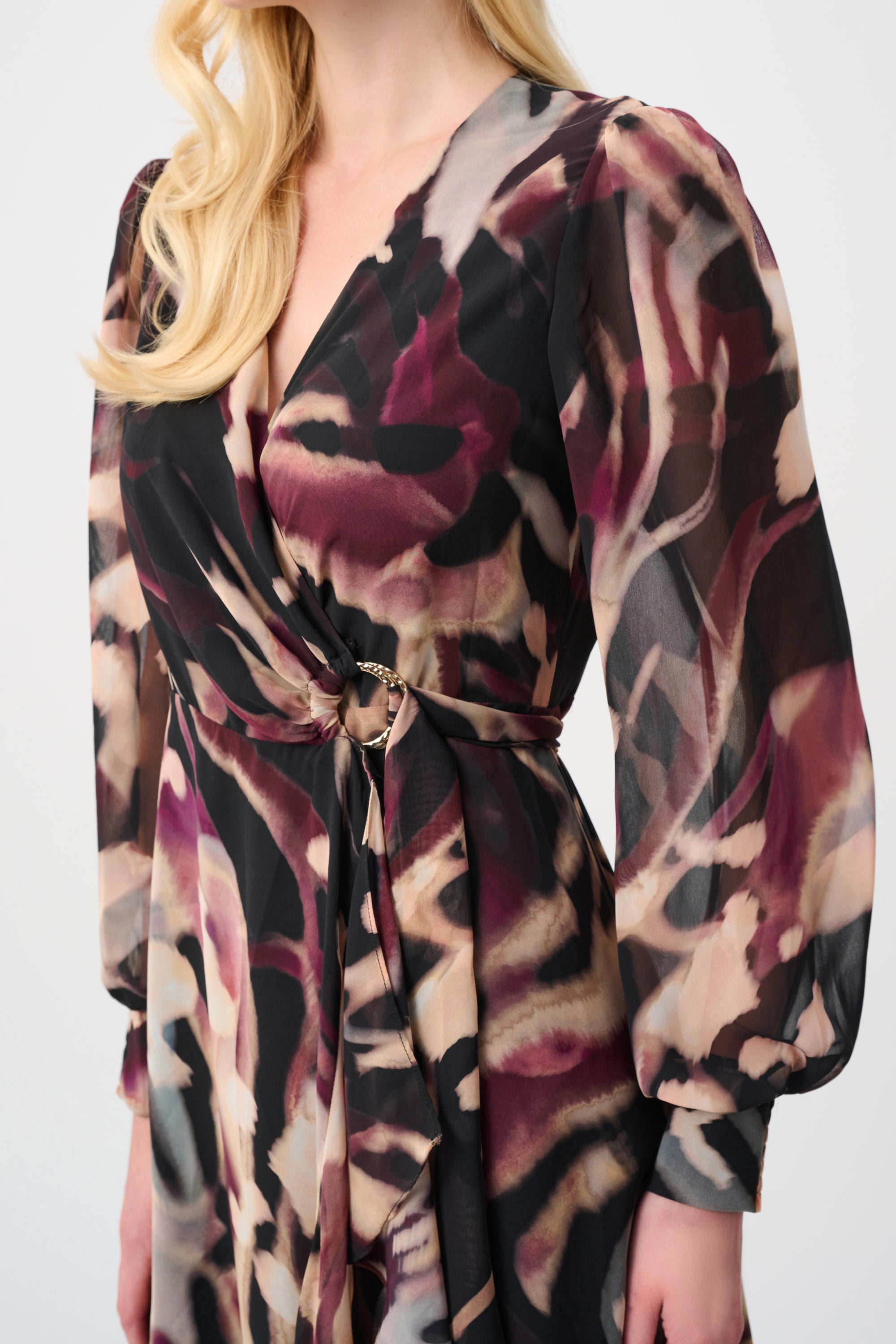 Joseph Ribkoff- Chiffon Printed Flared Wrap Dress in Black