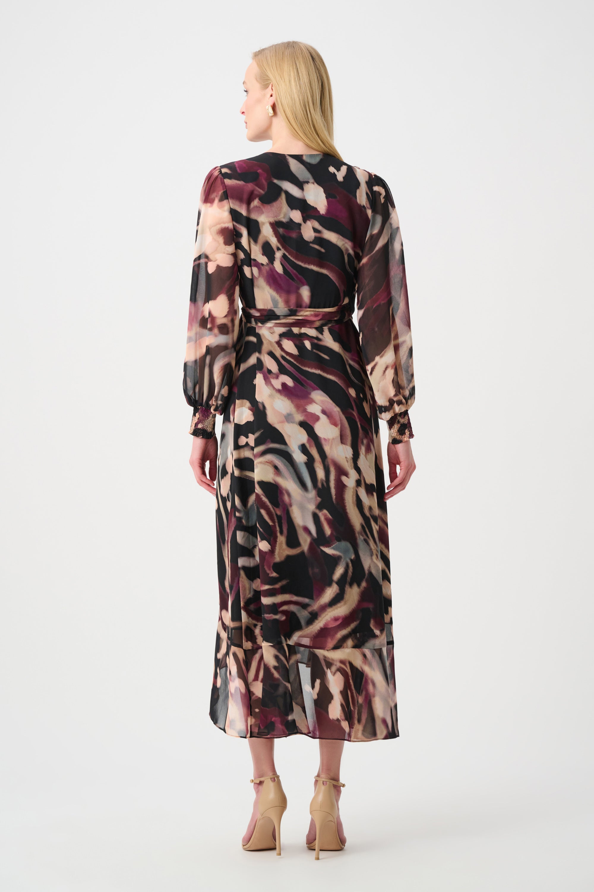 Joseph Ribkoff- Chiffon Printed Flared Wrap Dress in Black