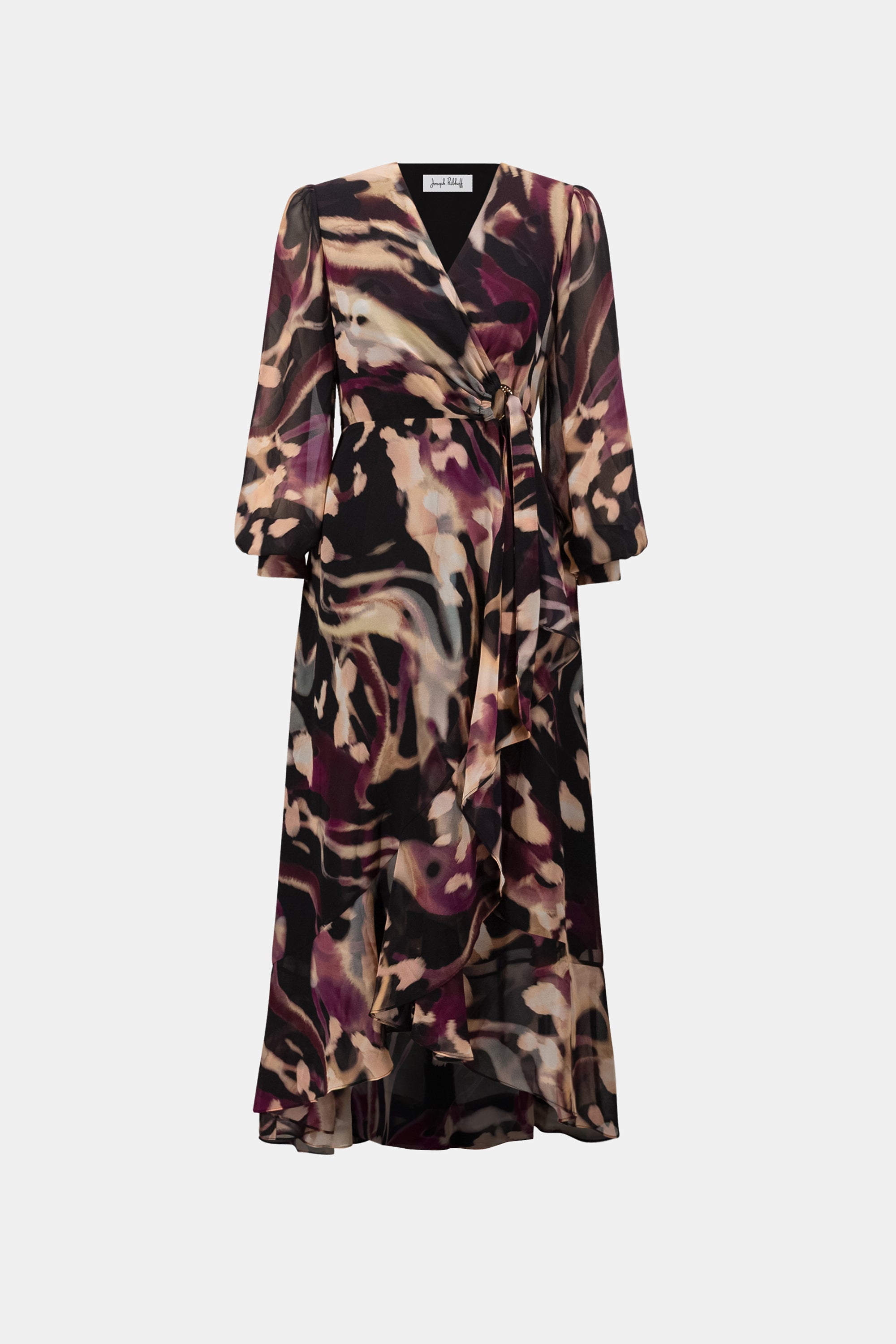 Joseph Ribkoff- Chiffon Printed Flared Wrap Dress in Black