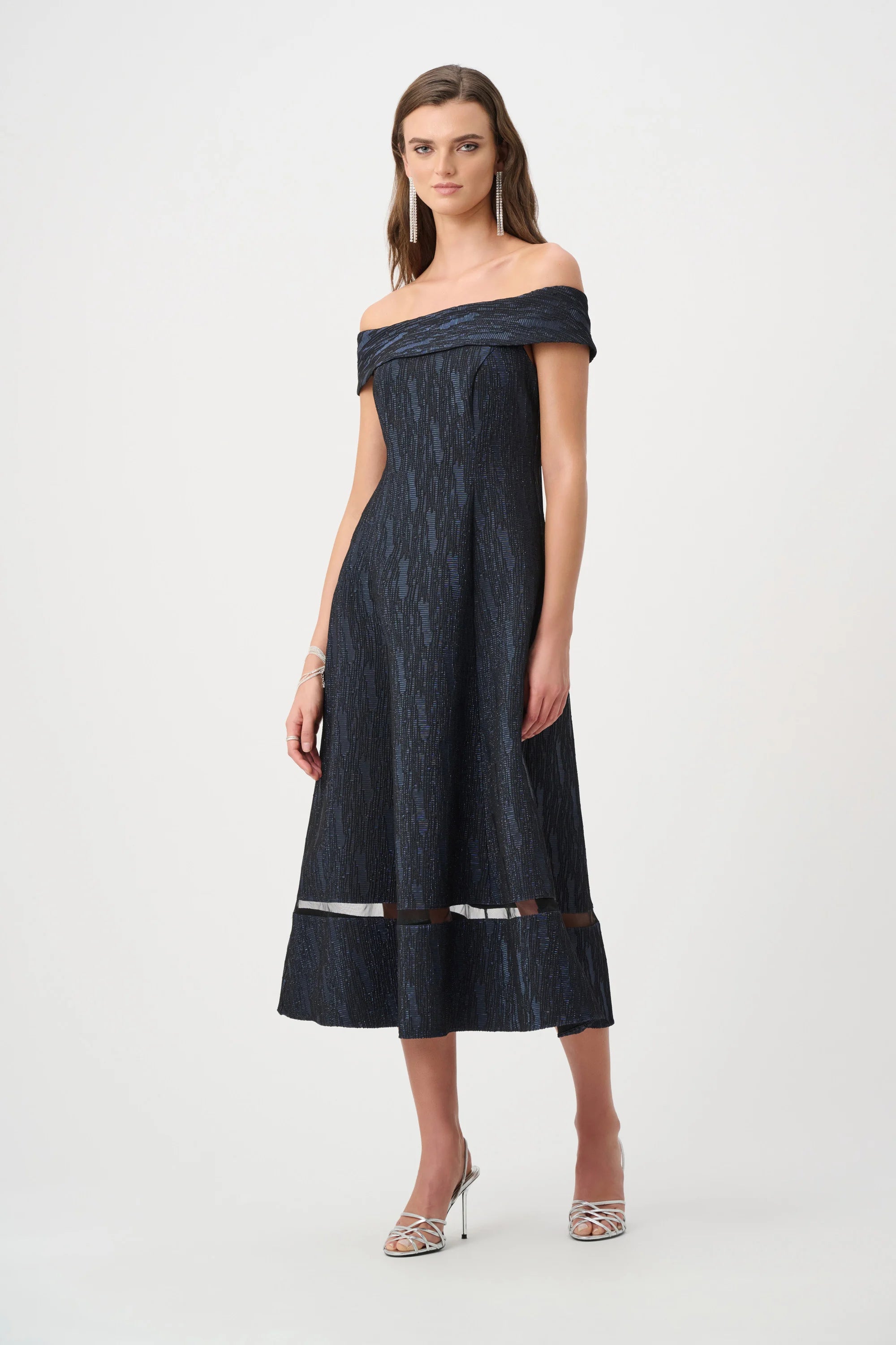 Joseph Ribkoff- Foil-Textured Jacquard Off-Shoulder Midi Dress in Navy