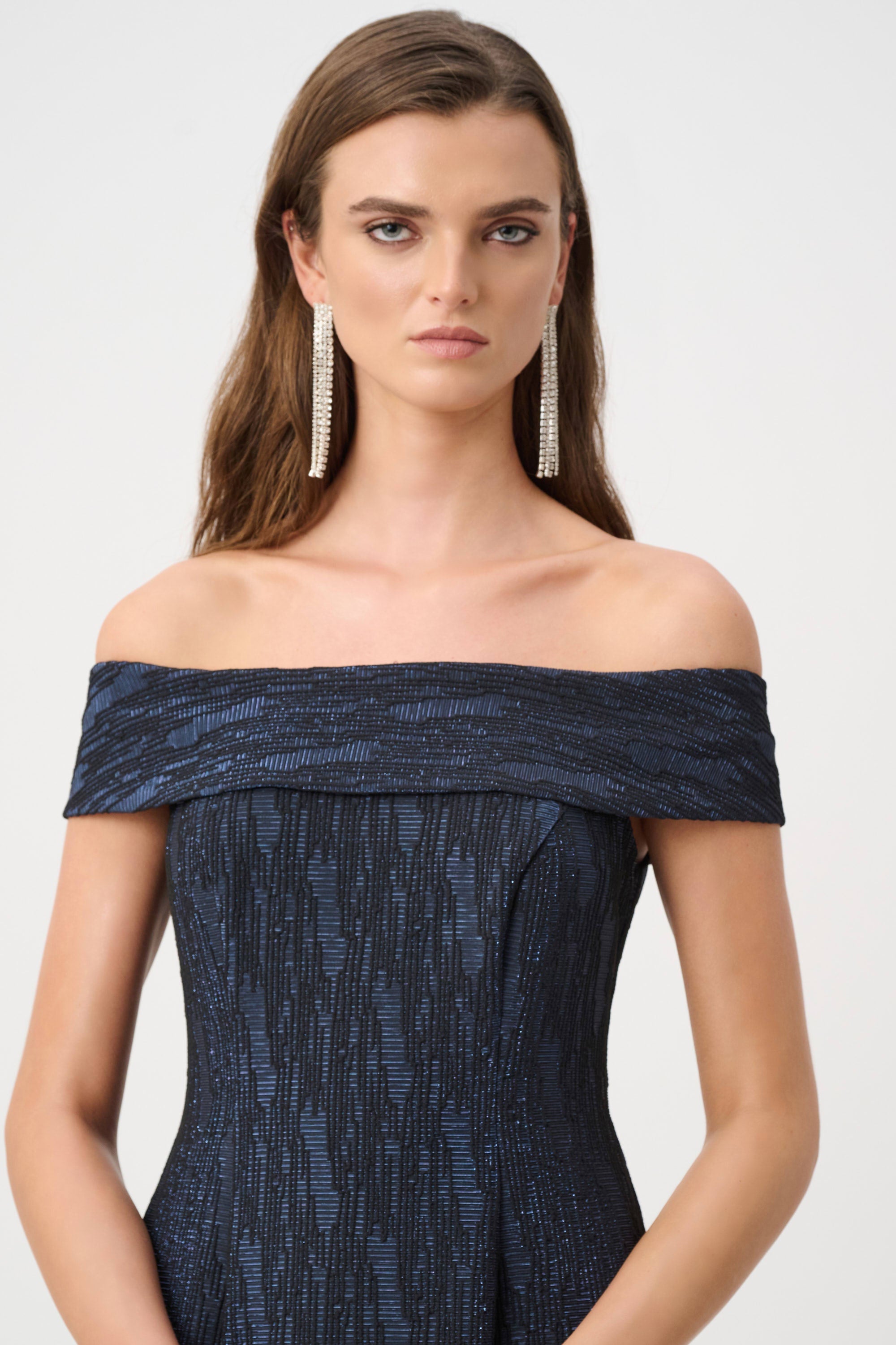 Joseph Ribkoff- Foil-Textured Jacquard Off-Shoulder Midi Dress in