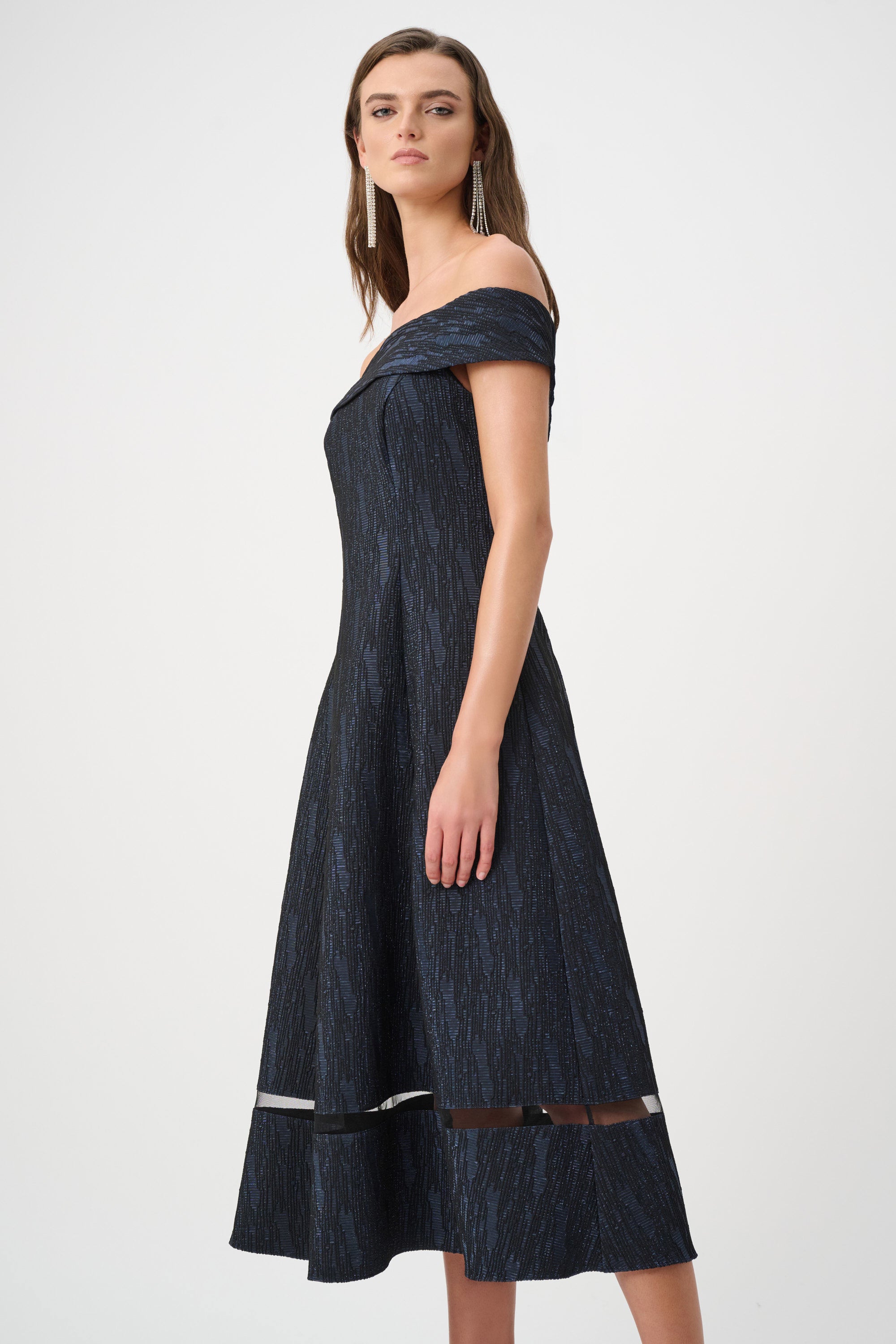 Joseph Ribkoff- Foil-Textured Jacquard Off-Shoulder Midi Dress in Navy